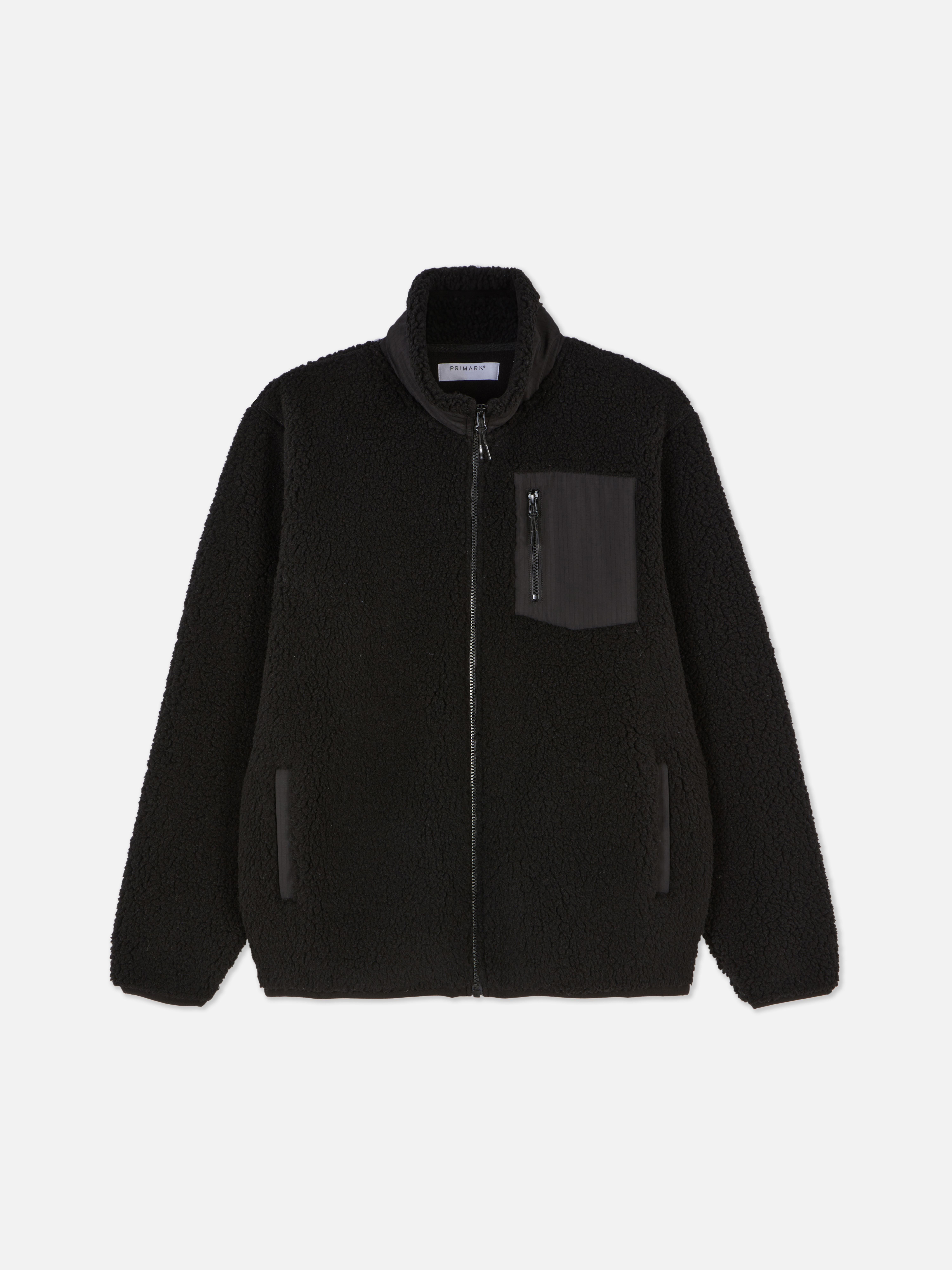 Men s Black Funnel Neck Borg Jacket Primark