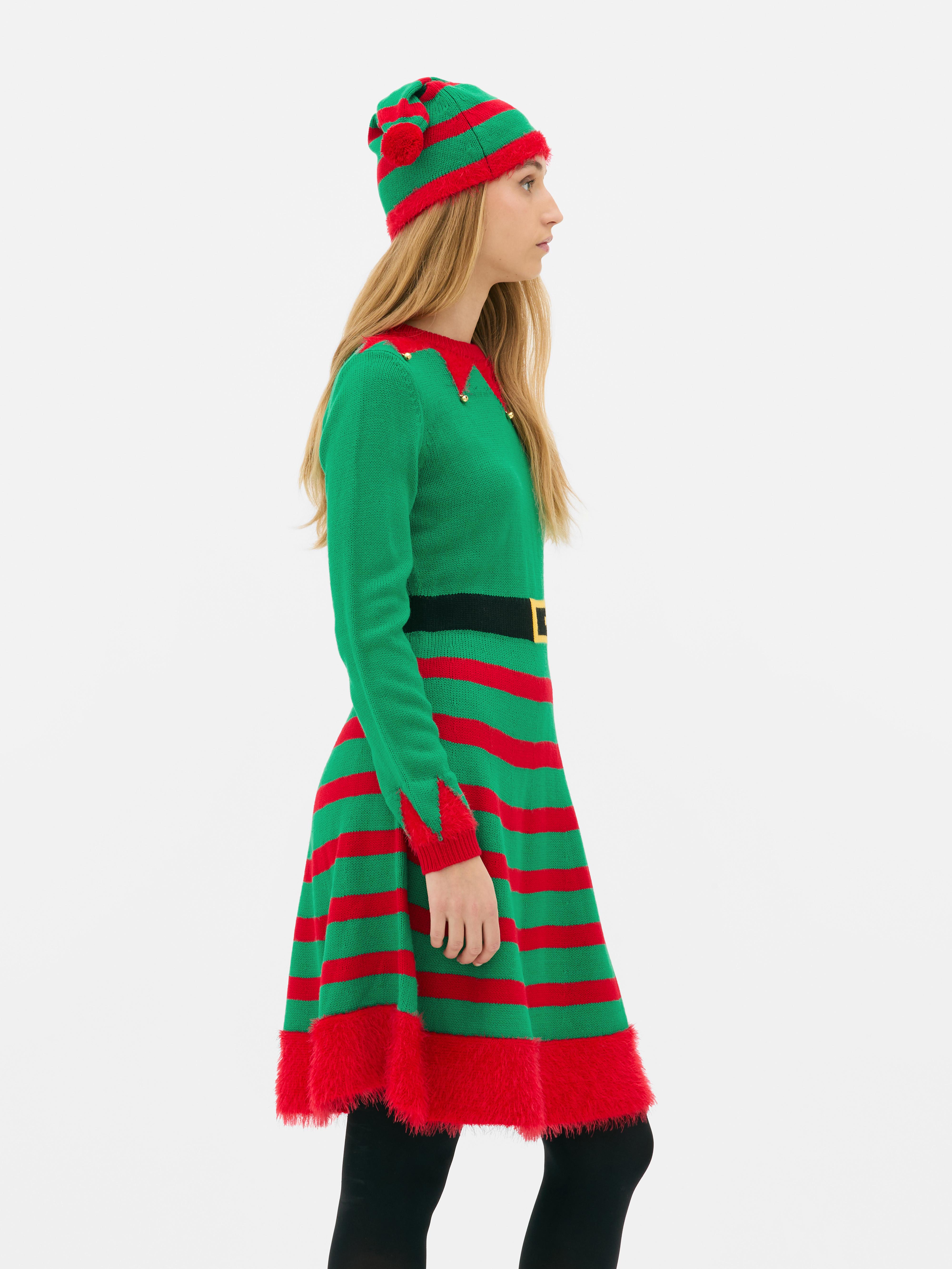 Womens Green Christmas Elf Jumper Dress and Hat Set Primark