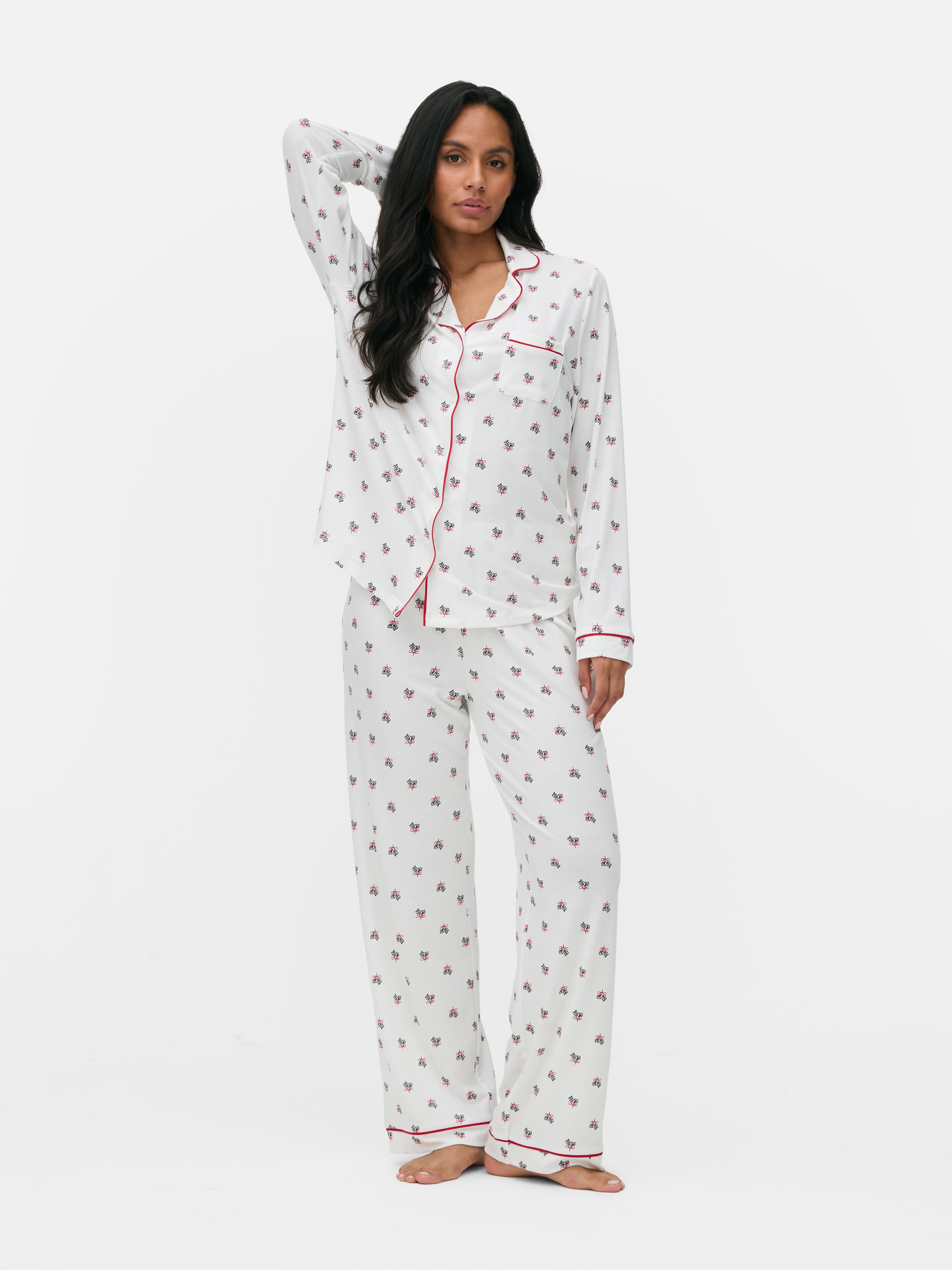 Womens White Festive Flannel Boyfriend Pyjama Set Primark