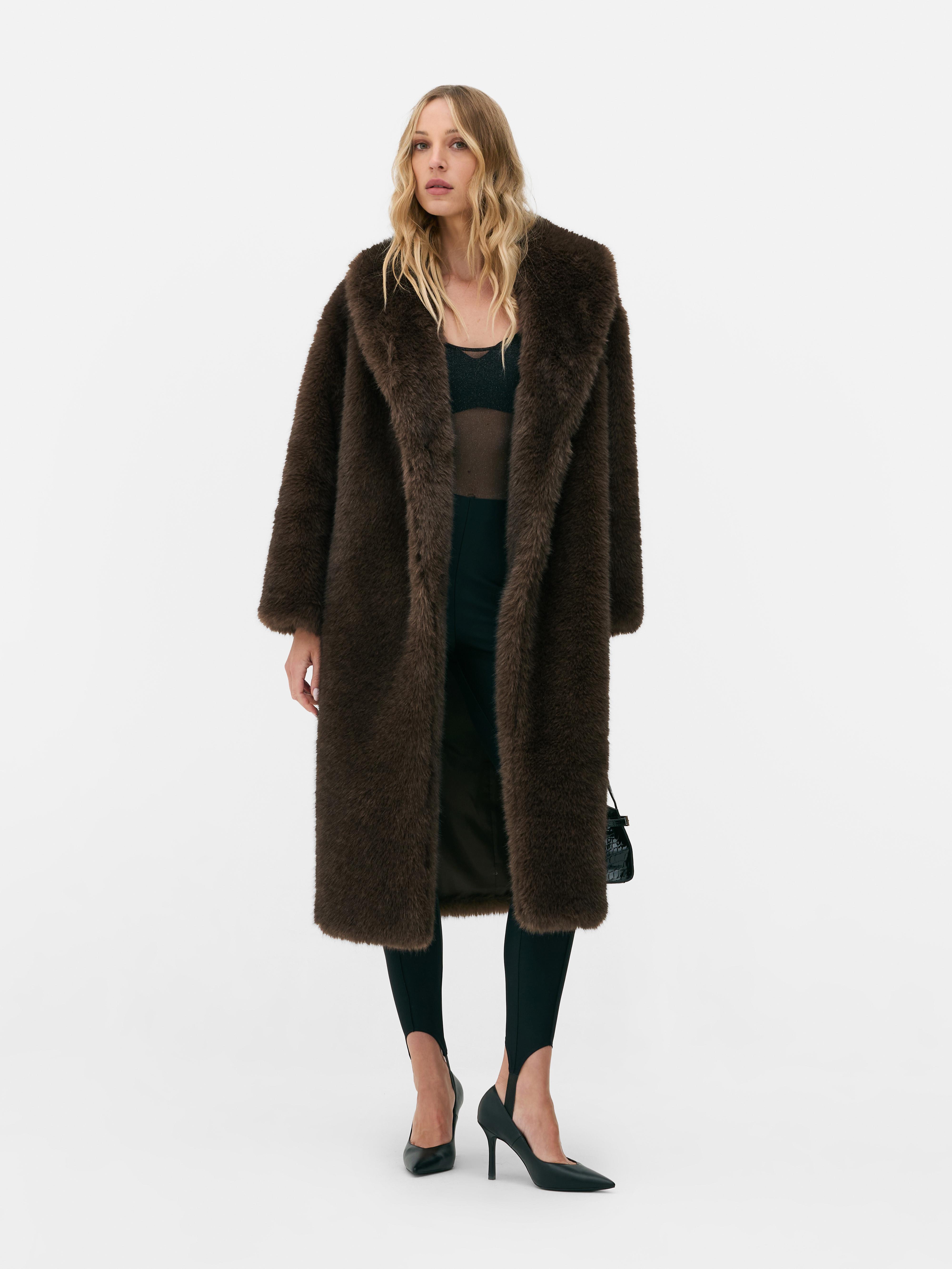 Women s Brown Rita Ora Shawl Collar Longline Faux Fur Coat Penneys