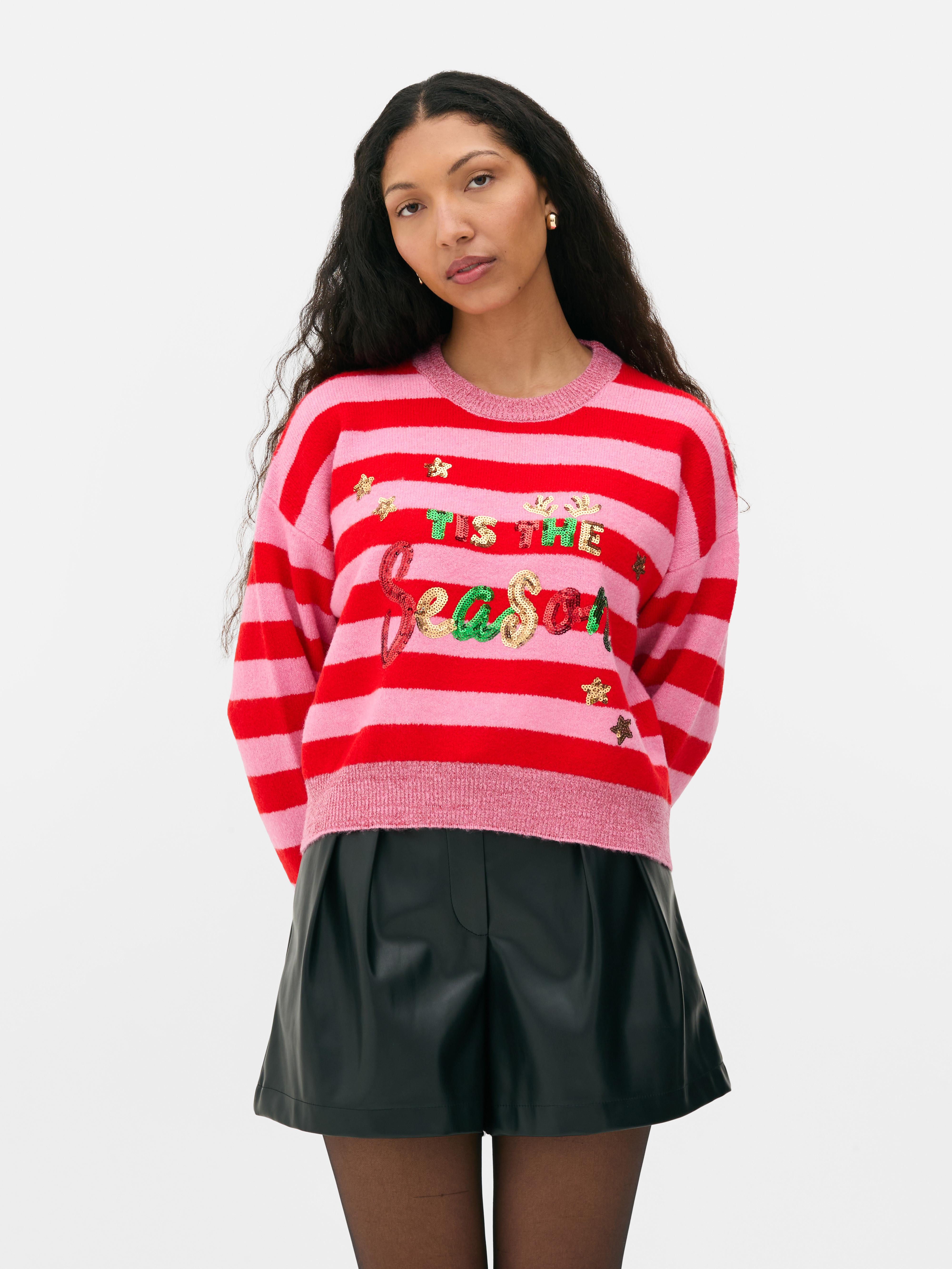 Women s Pink Festive Striped Sweater Primark