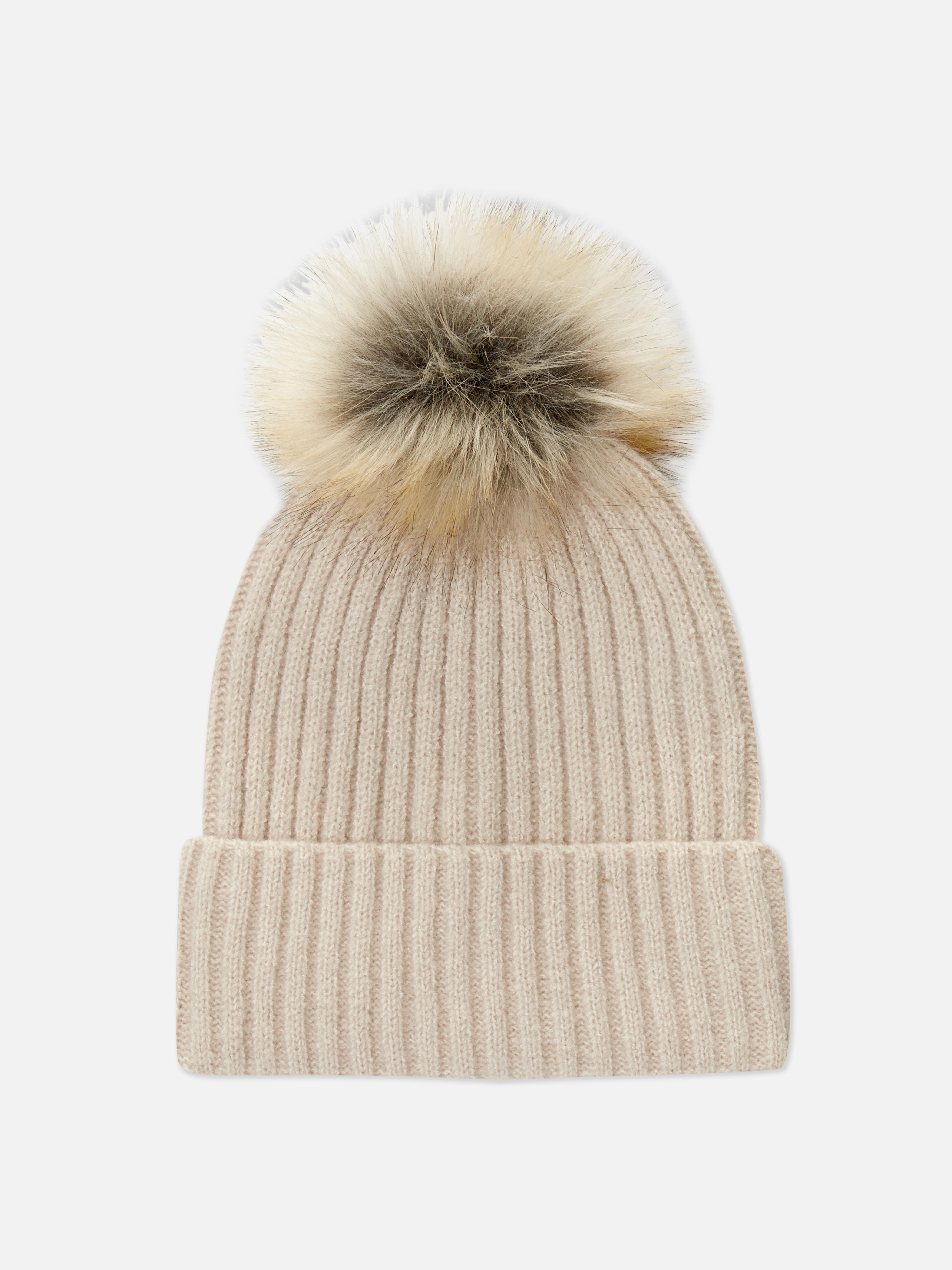 Ribbed Pom Pom Beanie Hat Beige
