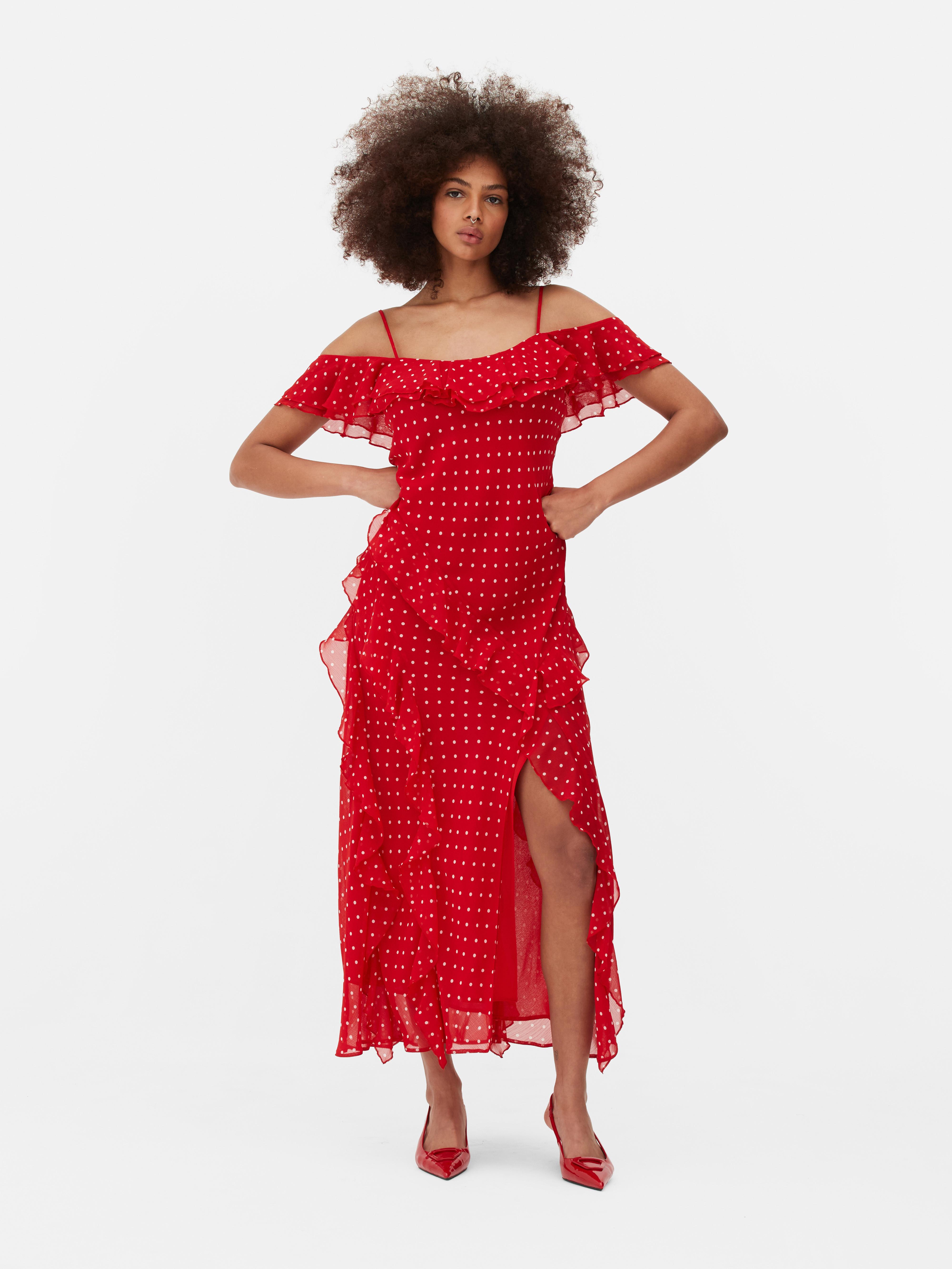 Womens Red Polka Dot Ruffled Midi Dress Primark