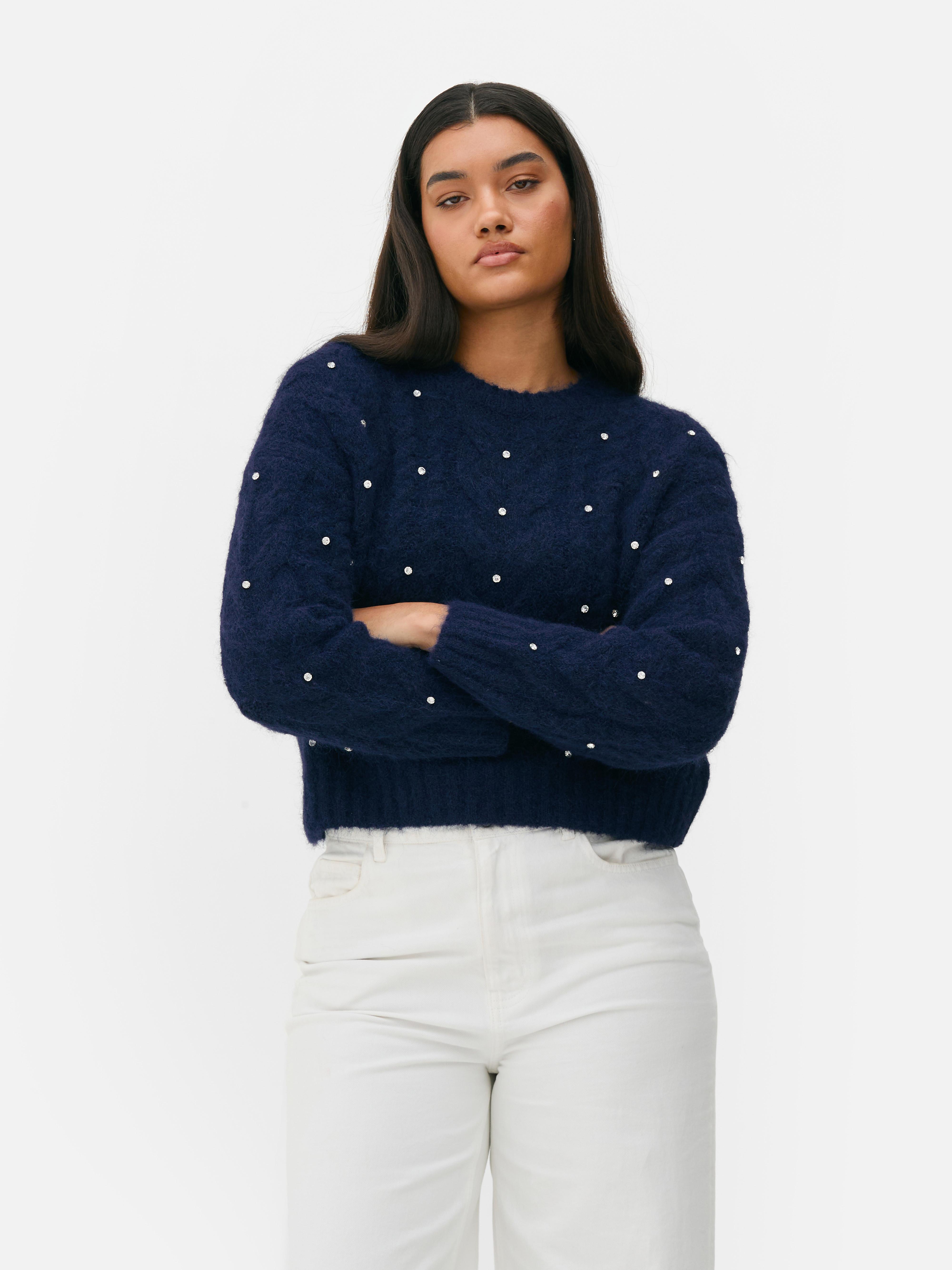 Women s Navy Diamante Cable Knit Crop Jumper Penneys