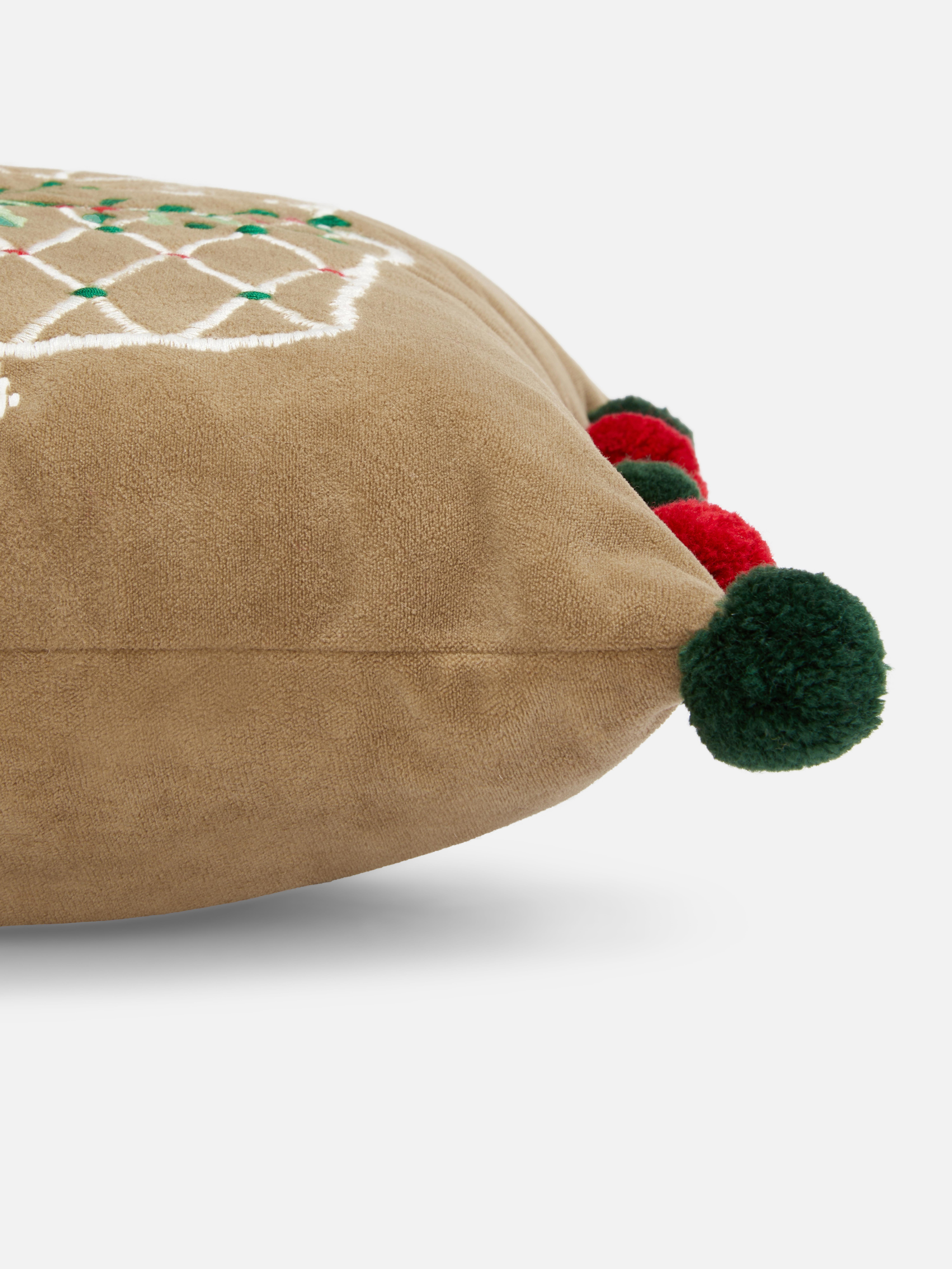 Brown Oblong Christmas House Cushion with Pom Poms Primark