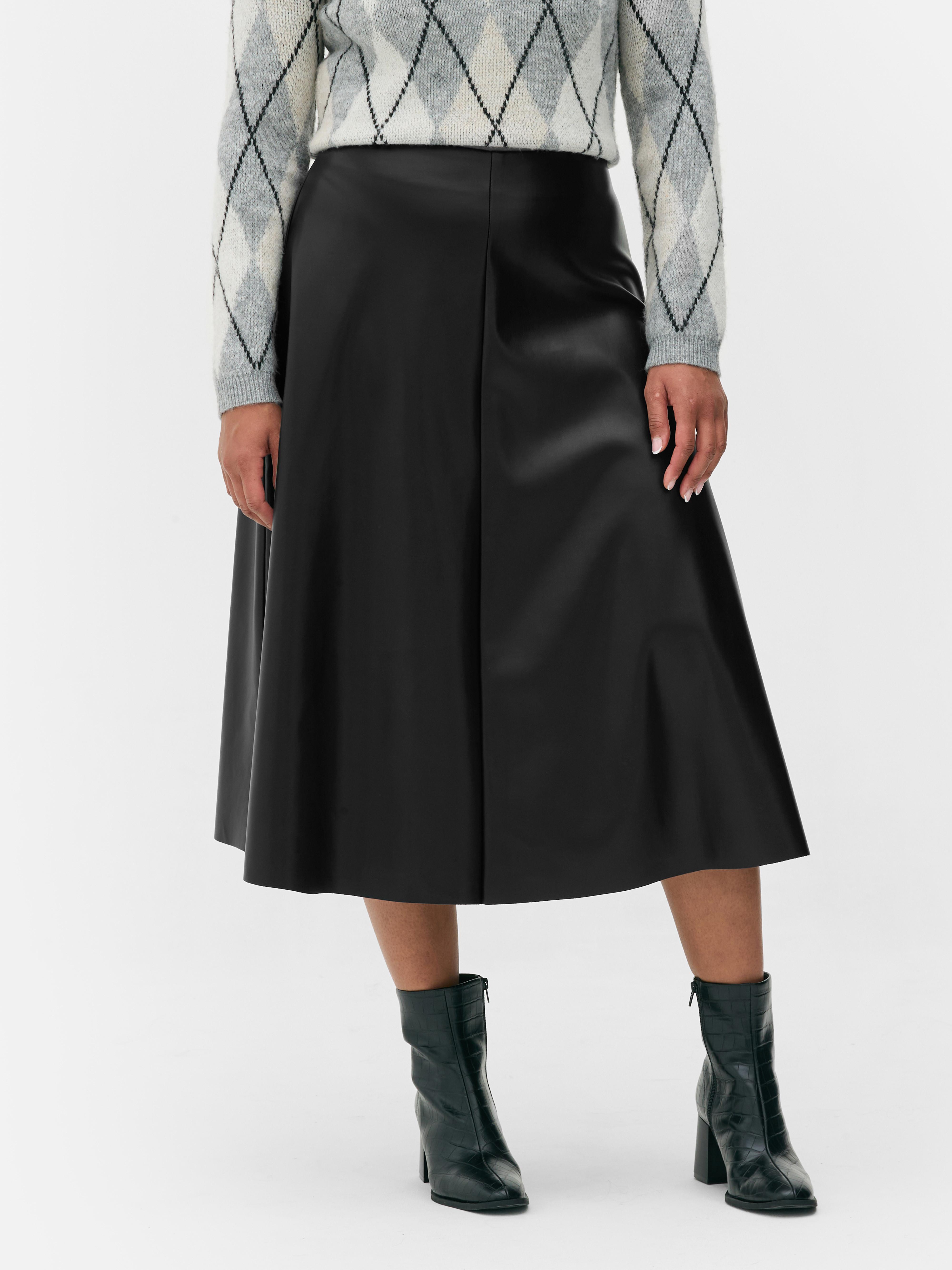 Womens Black Faux Leather Midi Skirt Primark