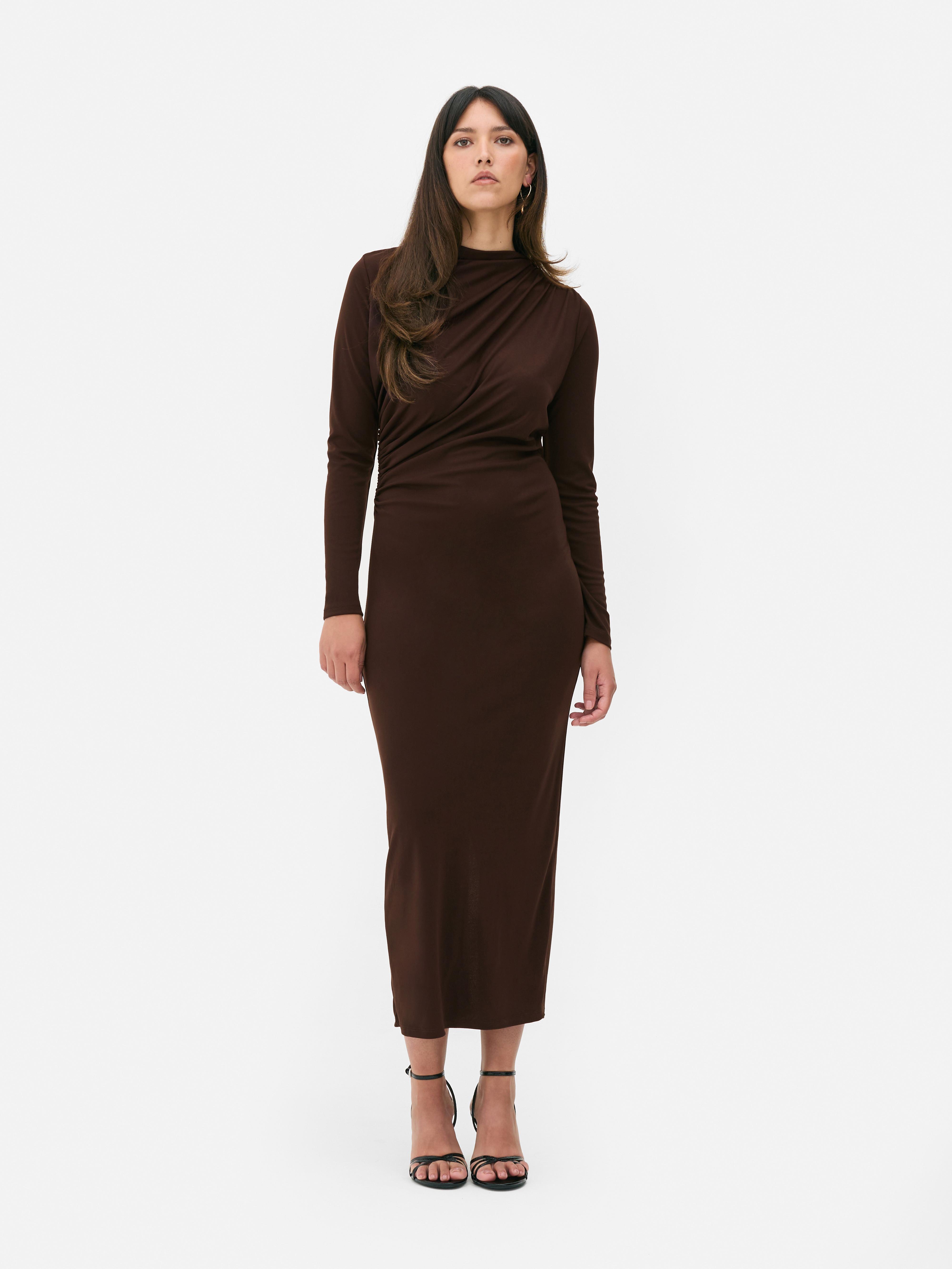 Robe mi longue froncee a manches longues Paula Echevarria Marron Femme Primark