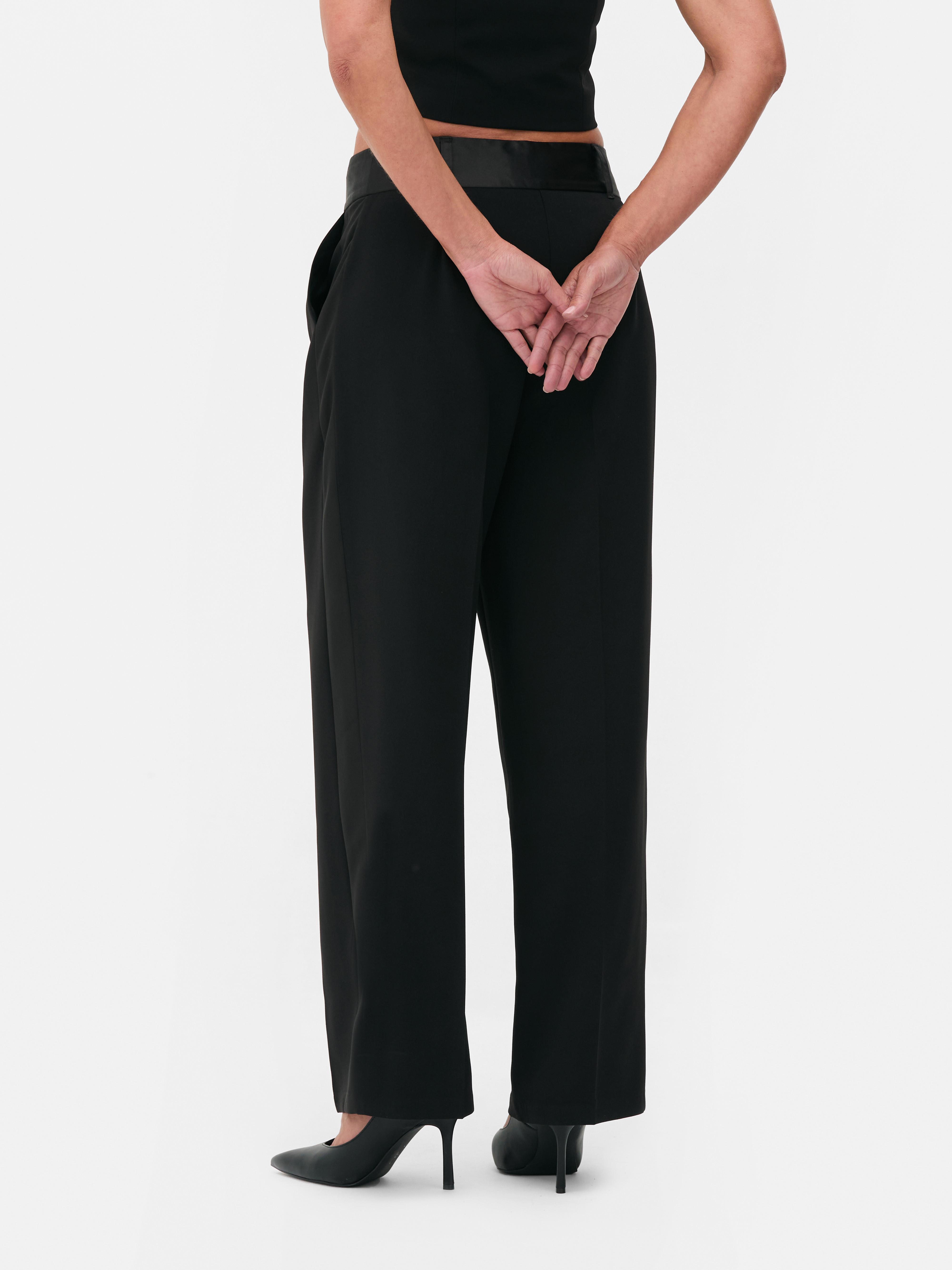 Womens Black Rita Ora Satin Trim Tailored Wide Leg Trousers Primark