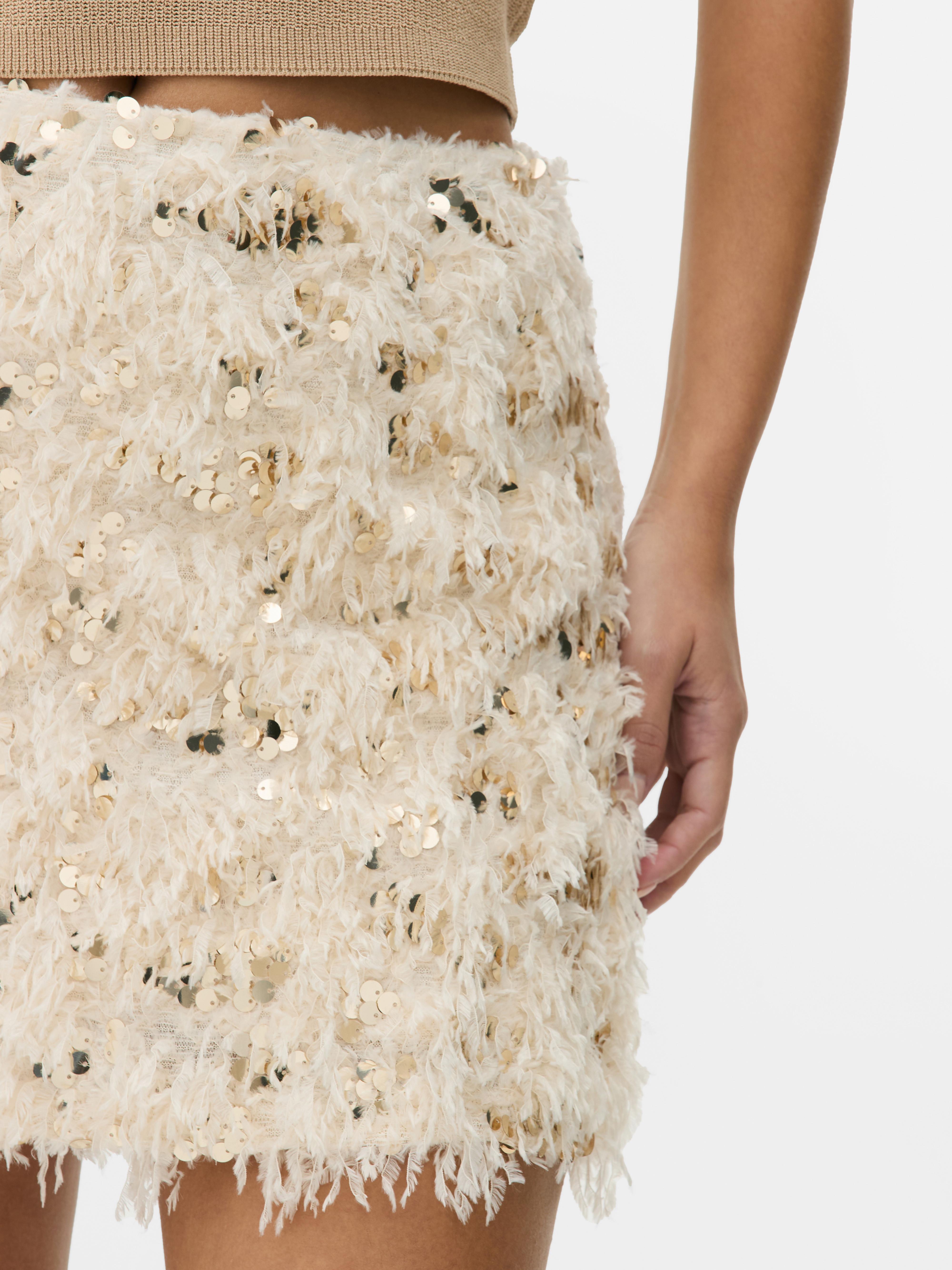 Womens Cream Feathered Sequin Mini Skirt Primark