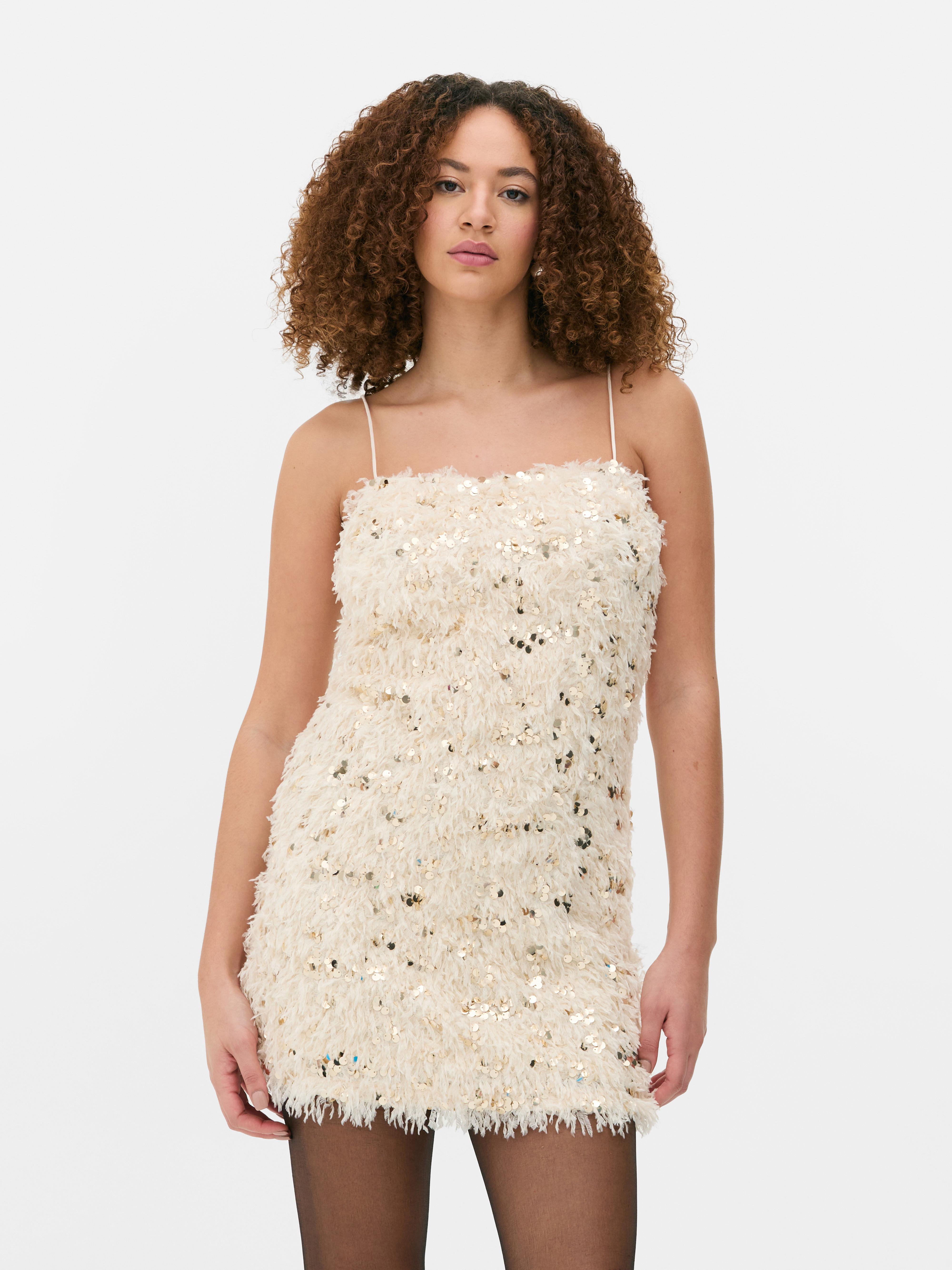 Women s Cream Feathered Sequin Mini Dress Primark