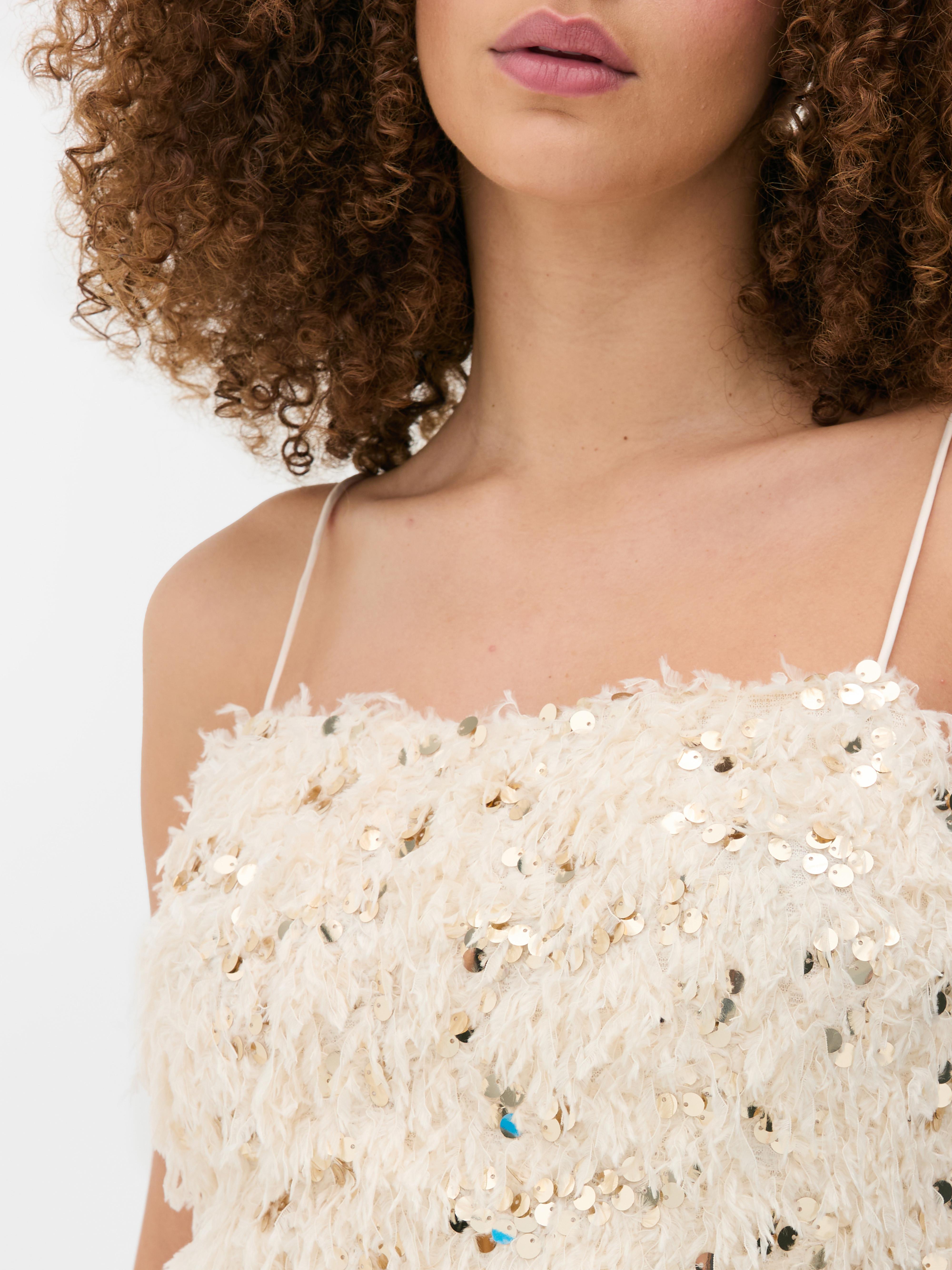 Women s Cream Feathered Sequin Mini Dress Primark