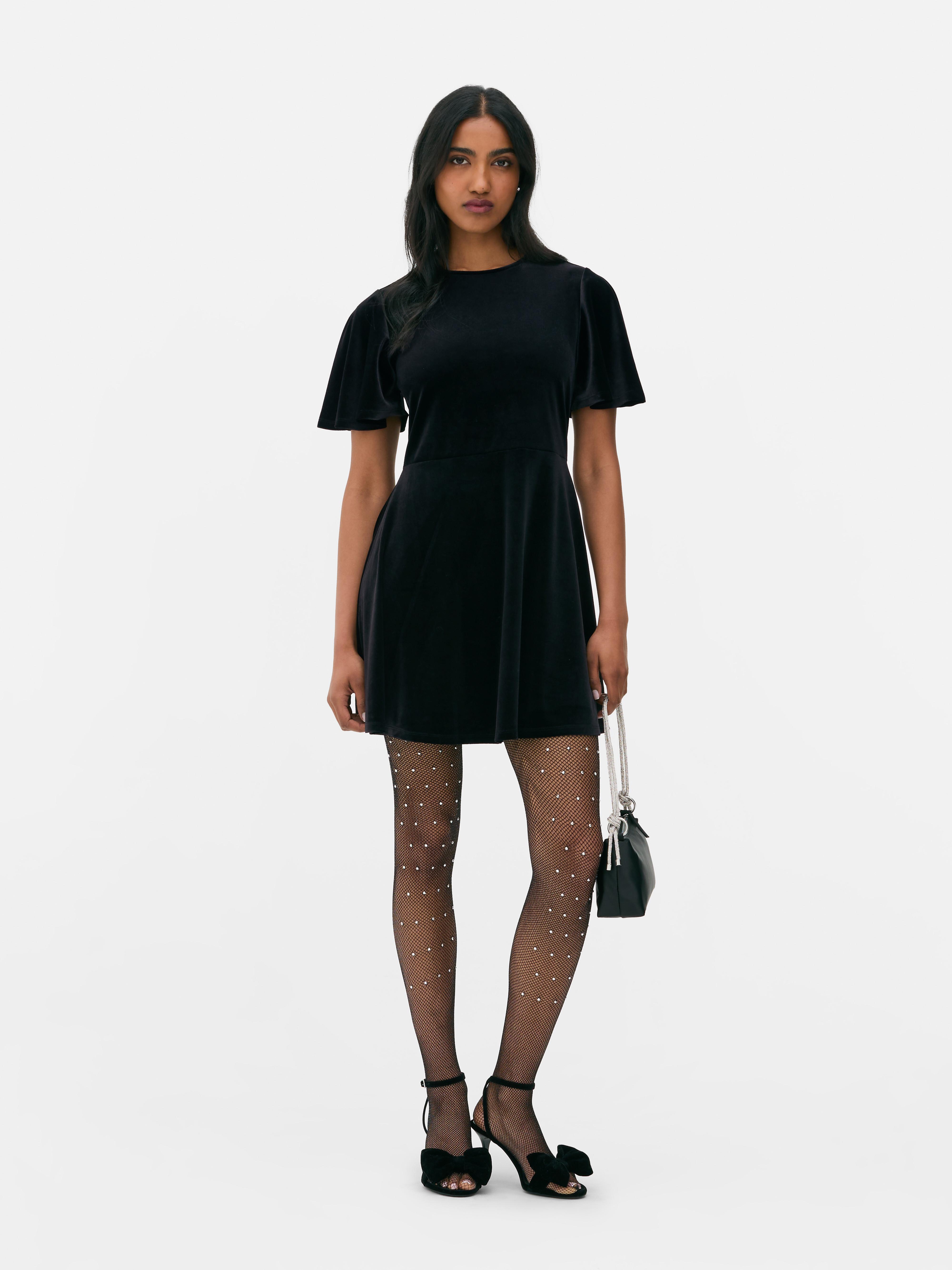 Women s Black Velvet Angel Sleeve Mini Dress Primark