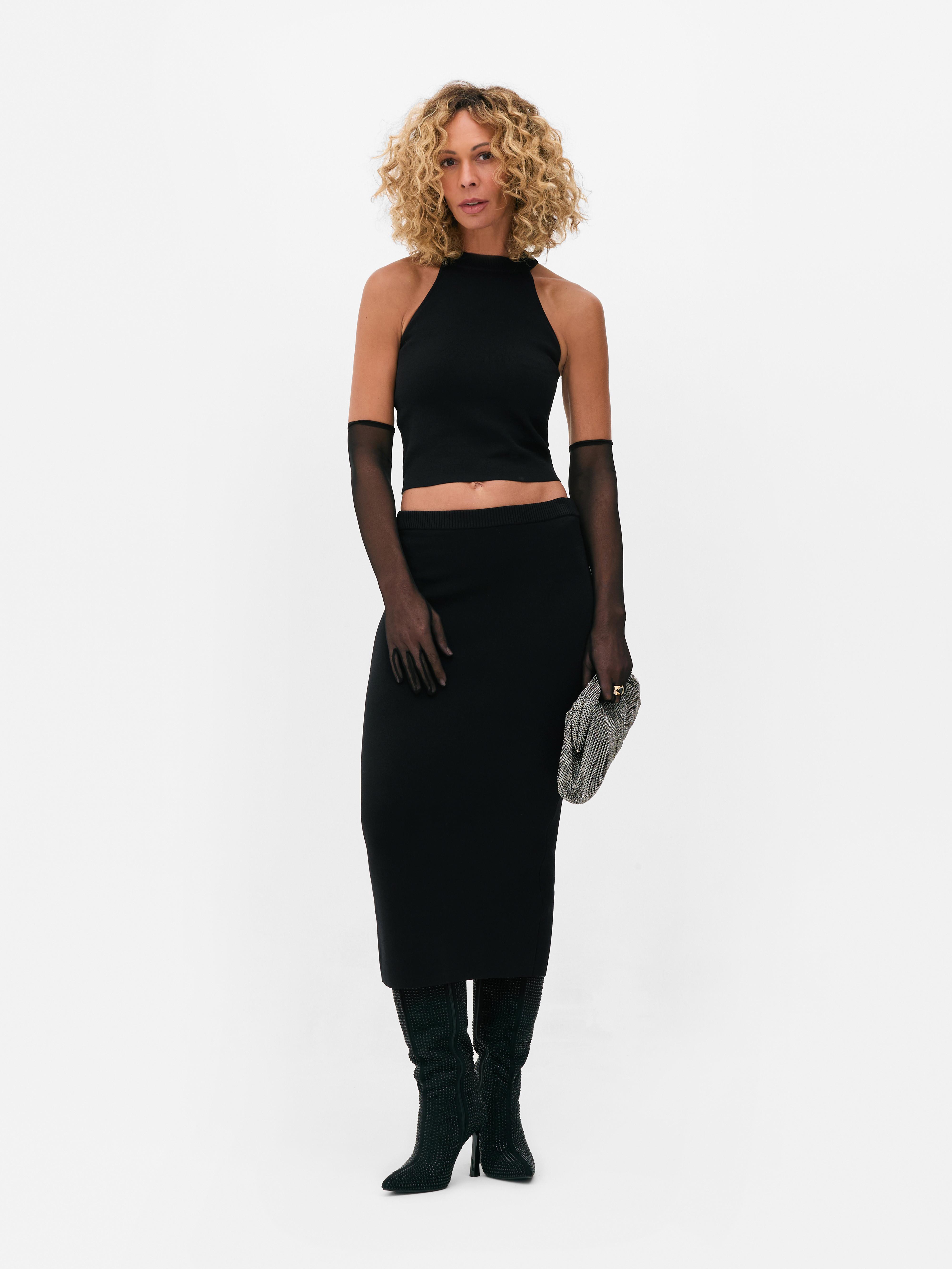 Top scollo all americana in maglia compatta Rita Ora Nero Donna Primark