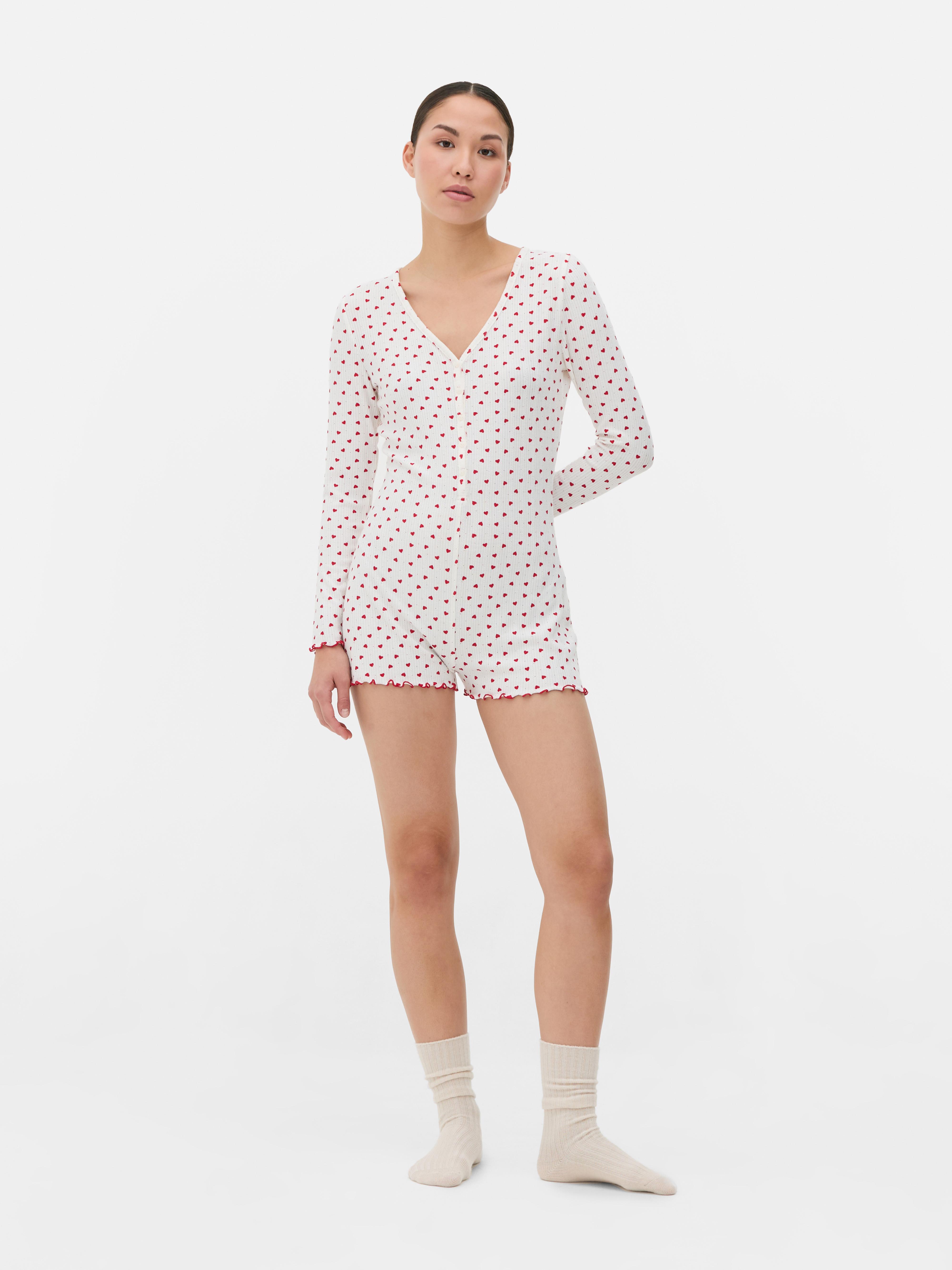 Womens White Heart Patterned Pyjama Playsuit Primark