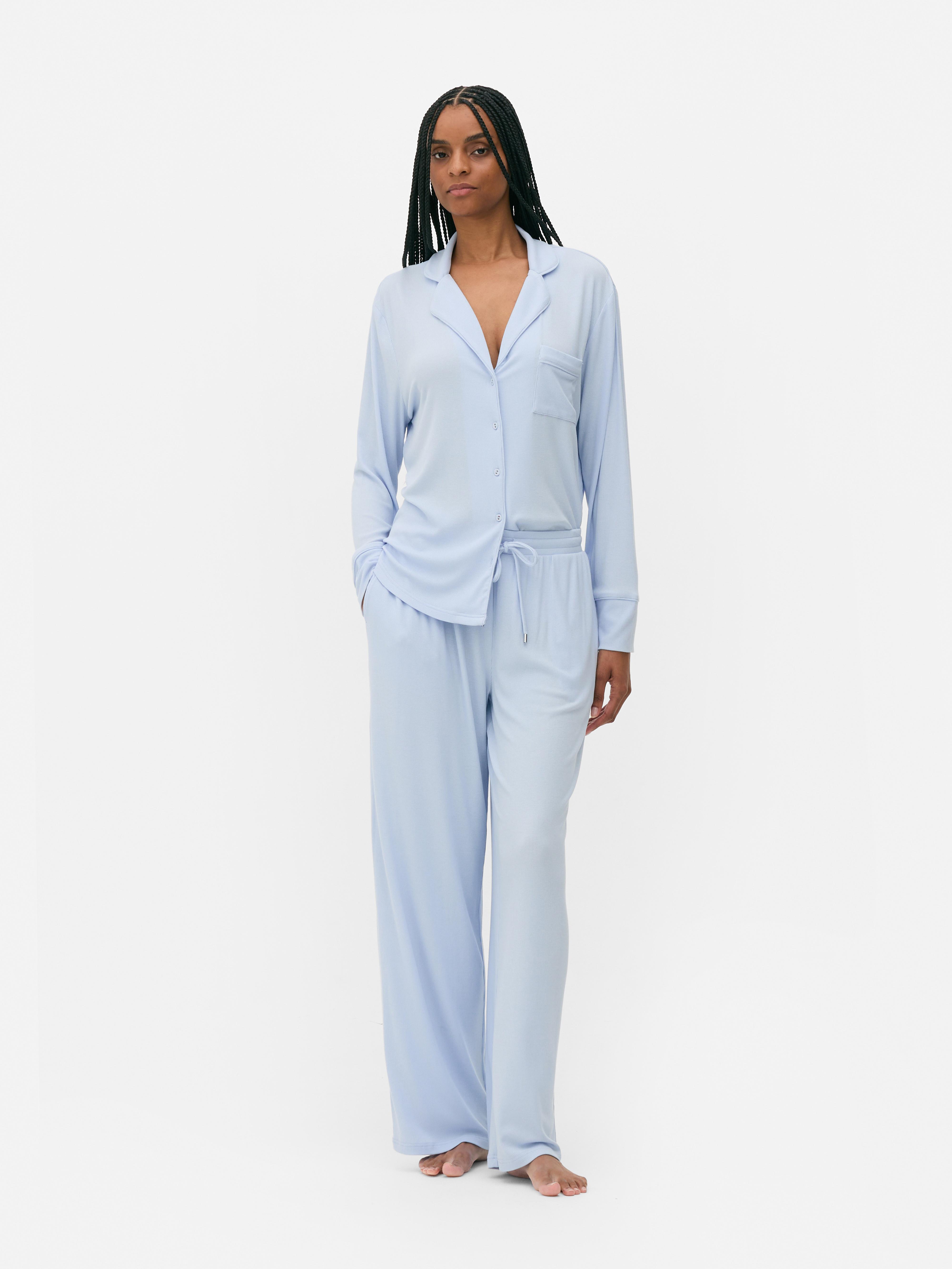 Pantalones de pijama acanalados de pernera ancha Azul claro