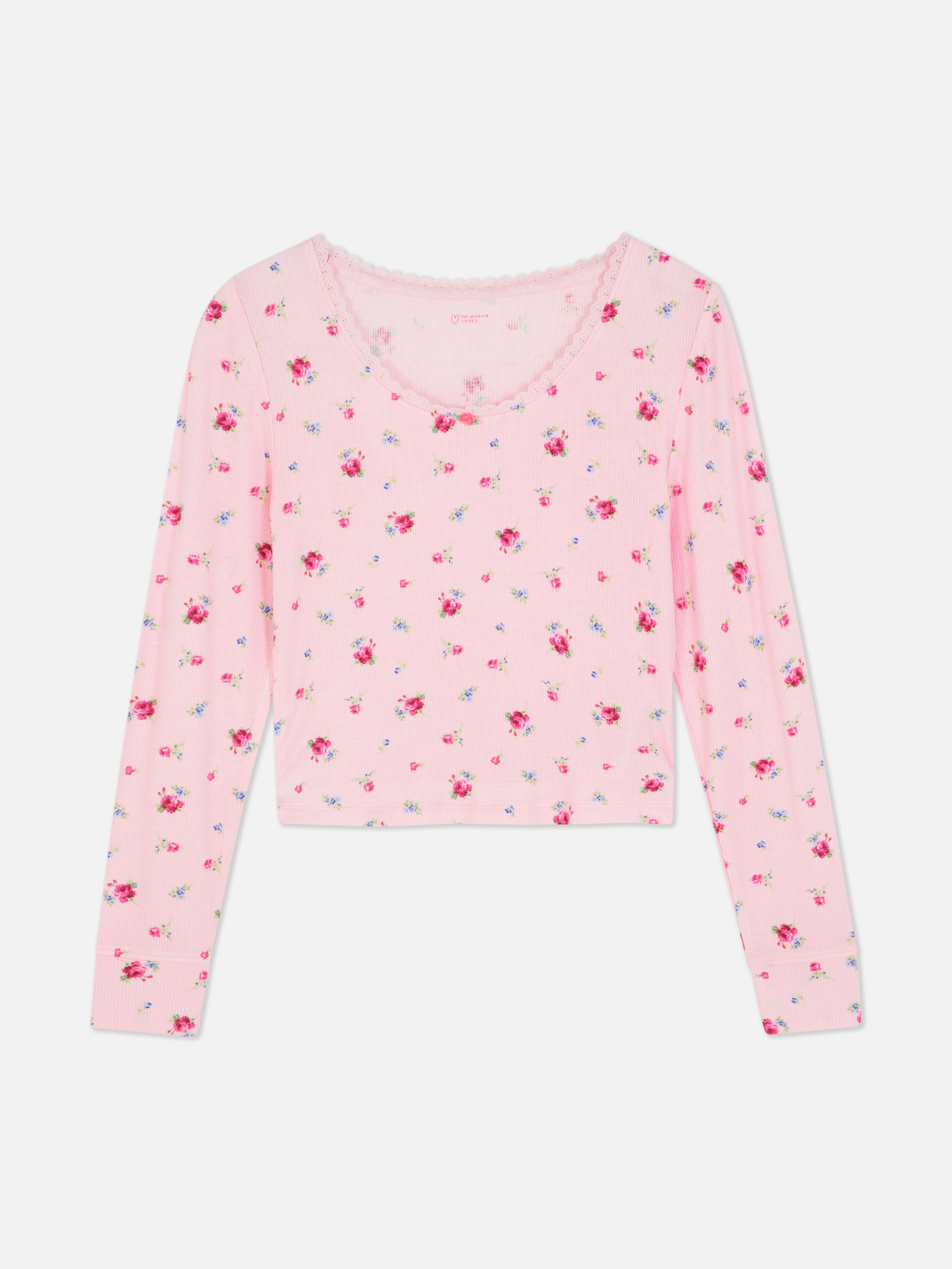 Camiseta de pijama de manga larga en canalé floral