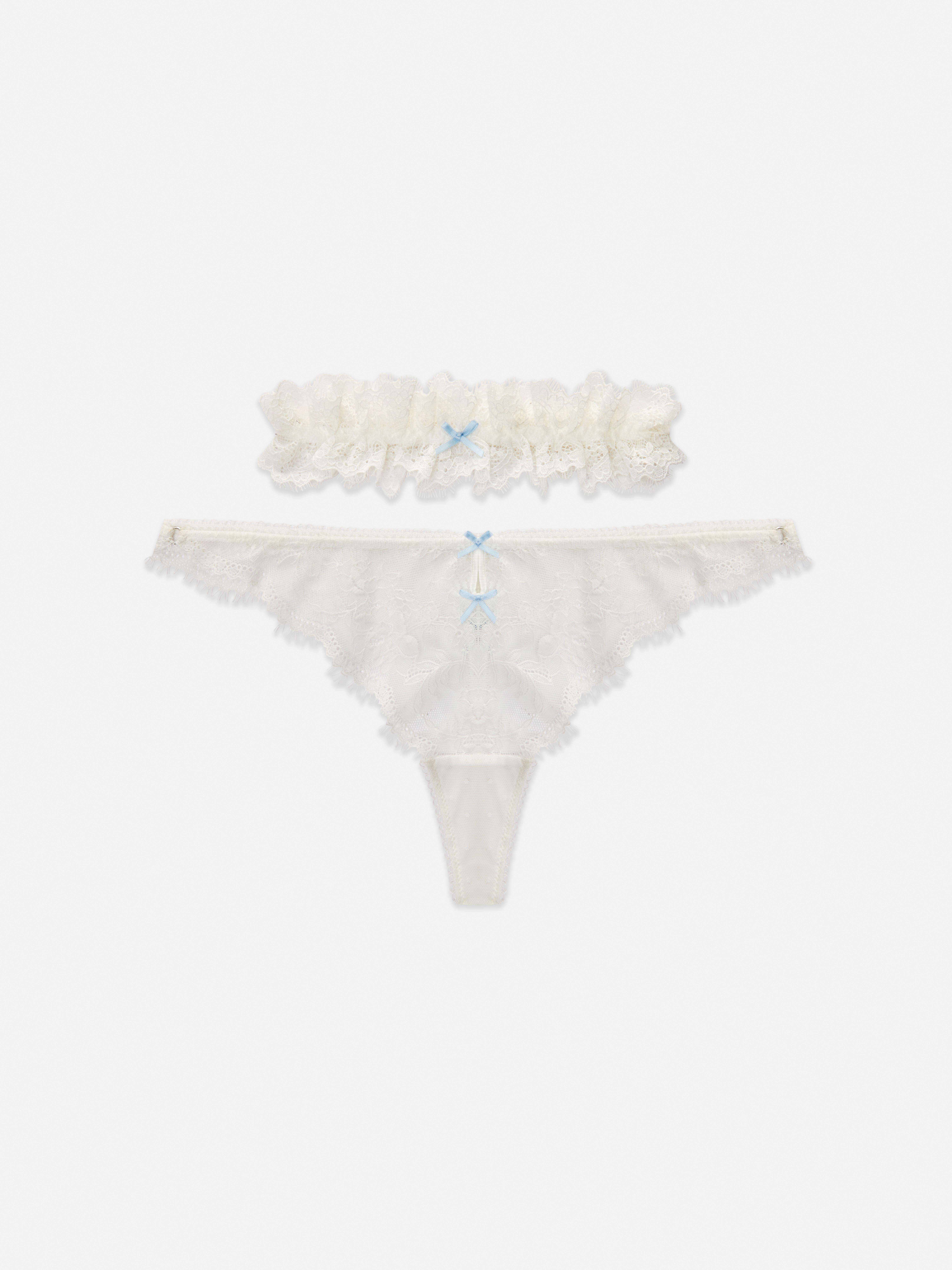 Ensemble string et jarretière de mariée en dentelle