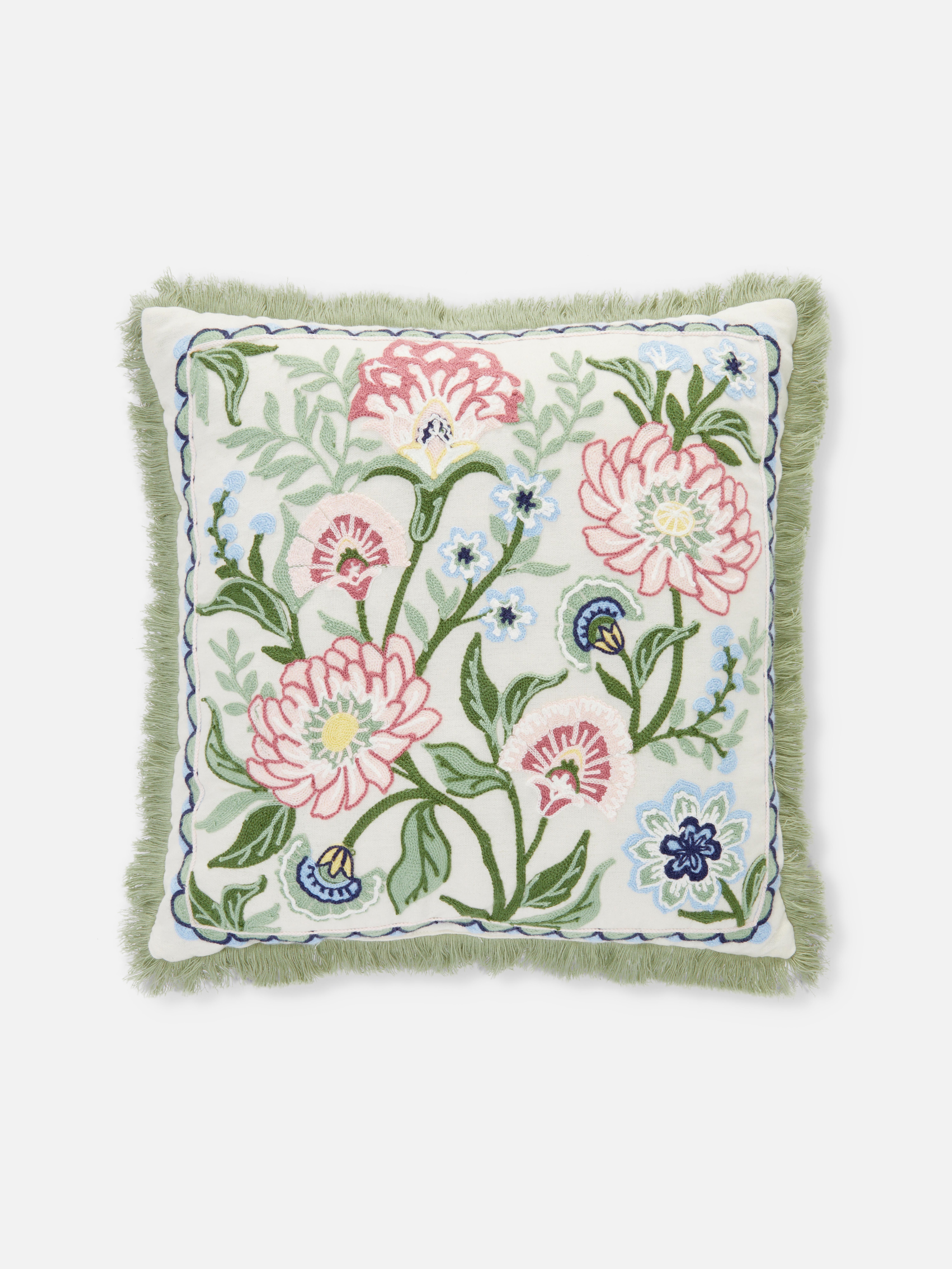 Embroidered Floral Square Cushion