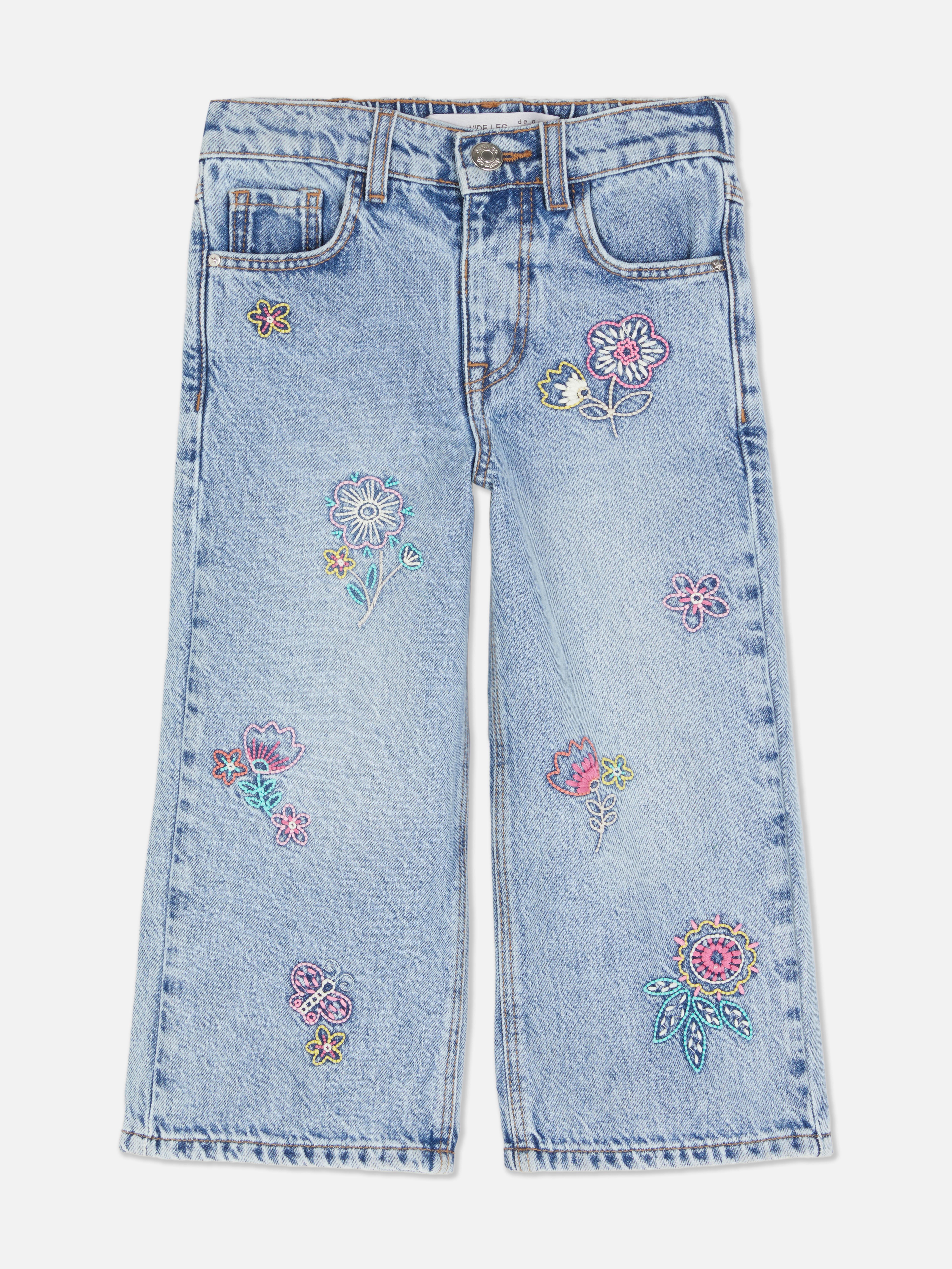 Denim-Jeans mit weitem Bein und Stickerei