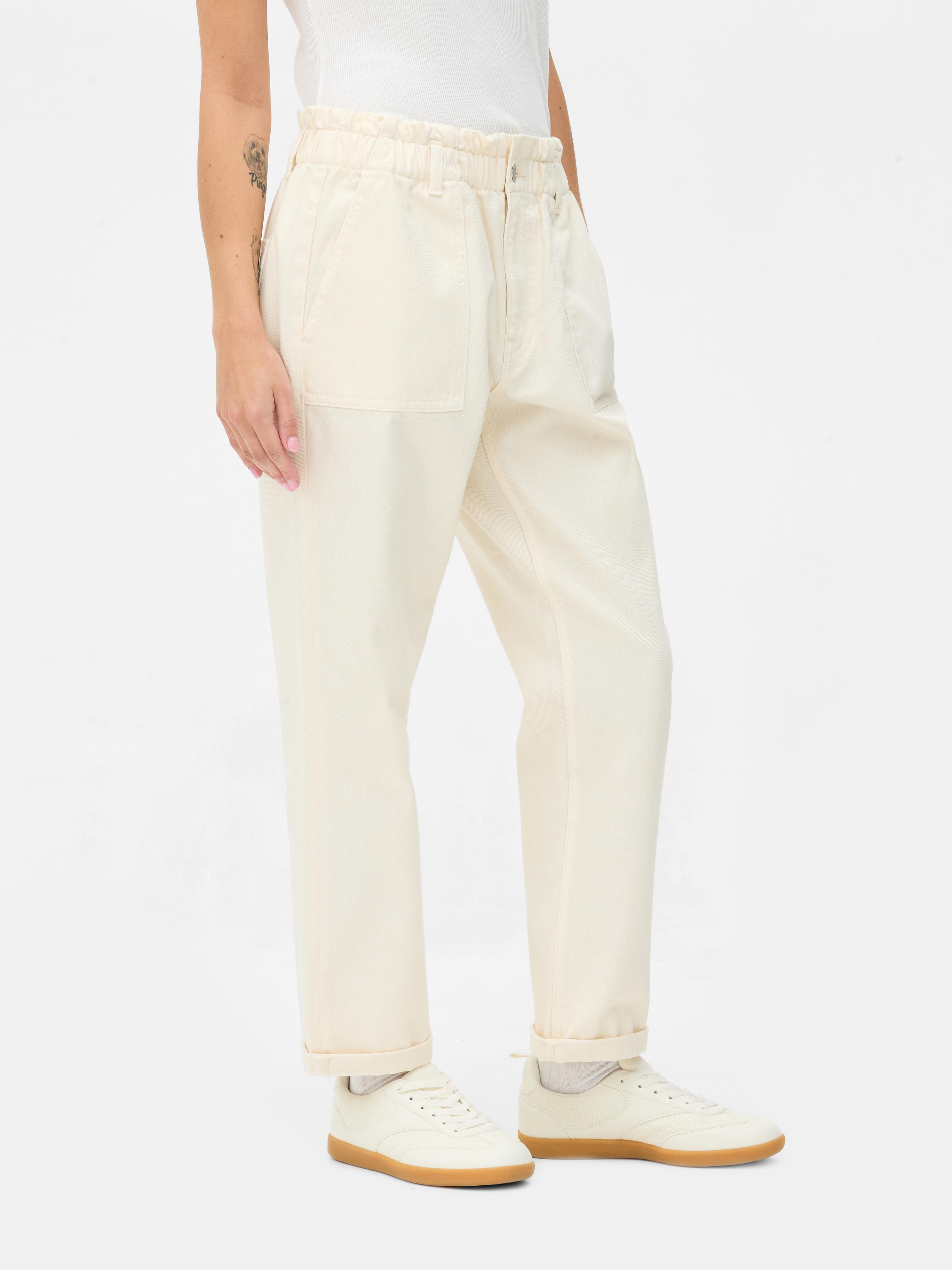 Pantaloni din bumbac cu talie paperbag Ecru
