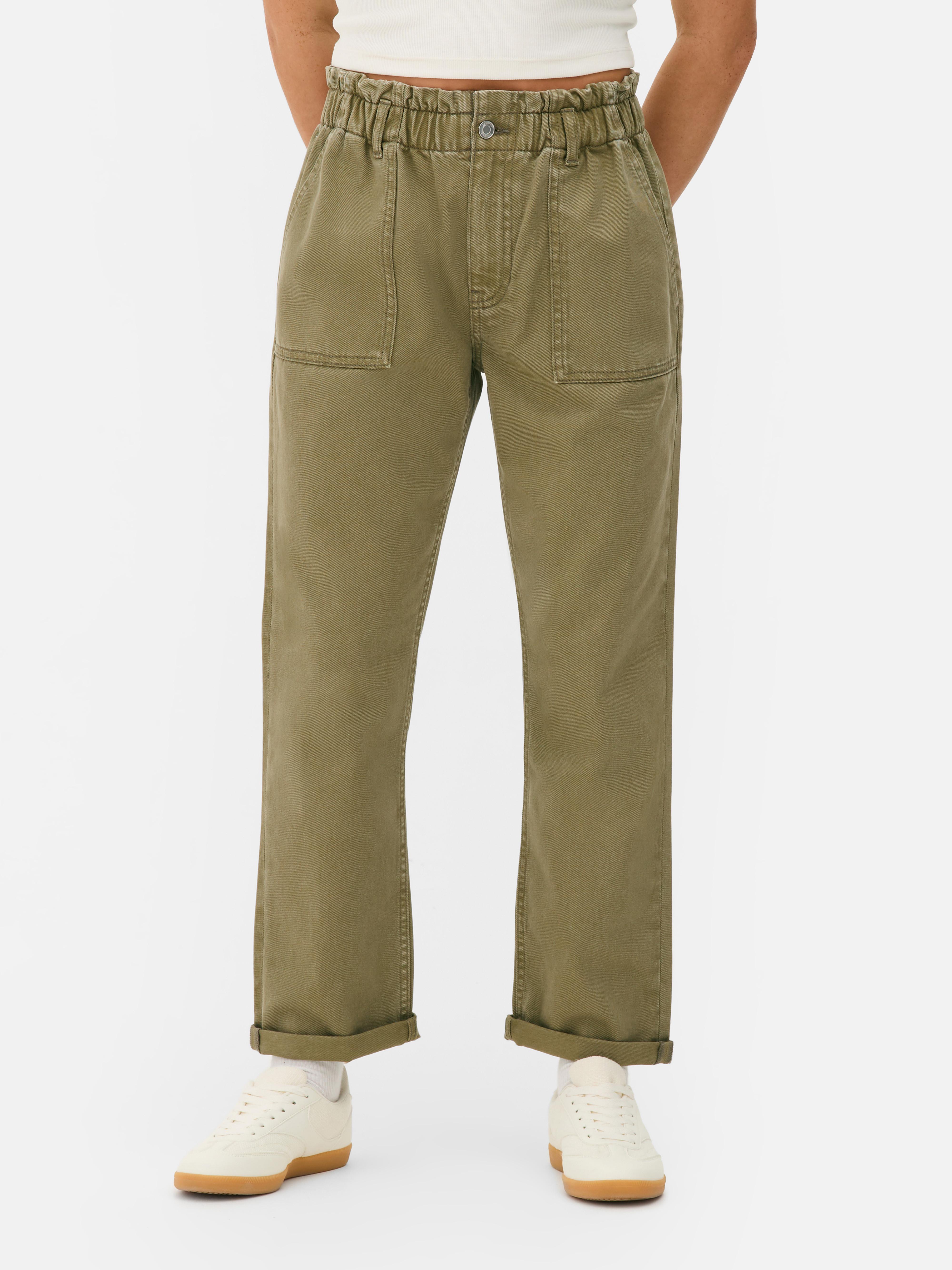 Pantaloni din bumbac cu talie paperbag Kaki
