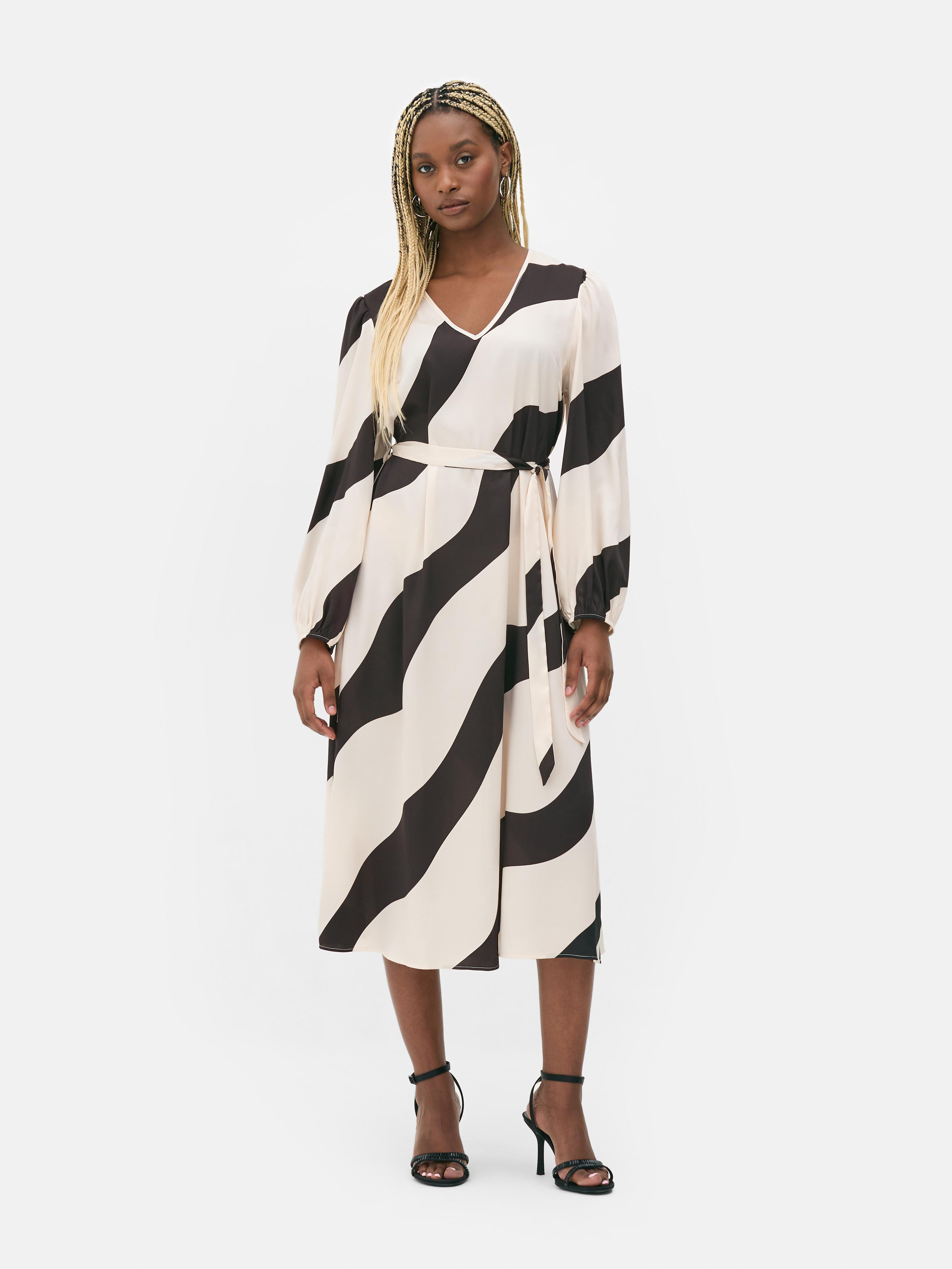 Womens Black White Patterned Long Sleeve Midi Dress Primark