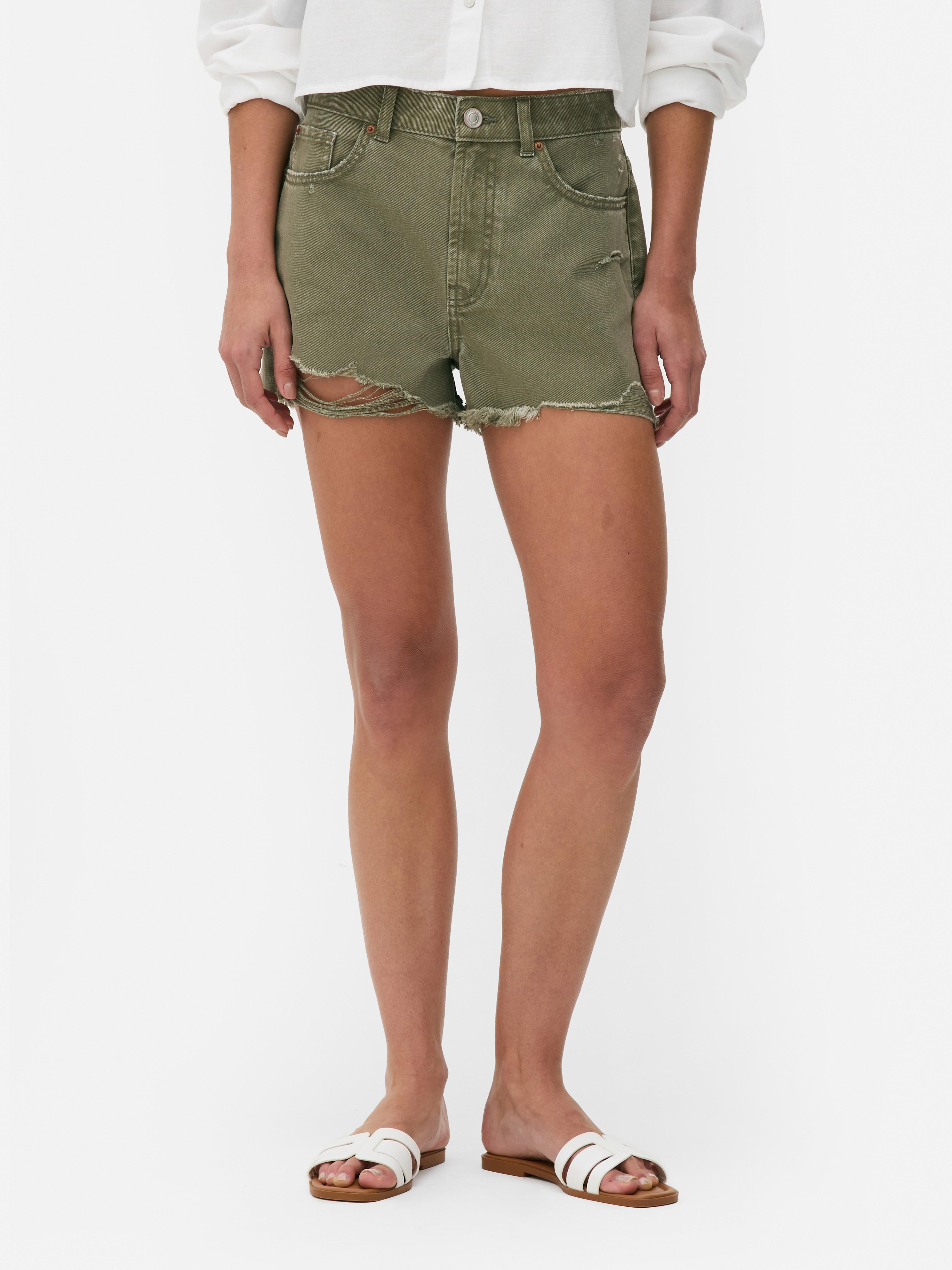 Ripped Denim Shorts Khaki