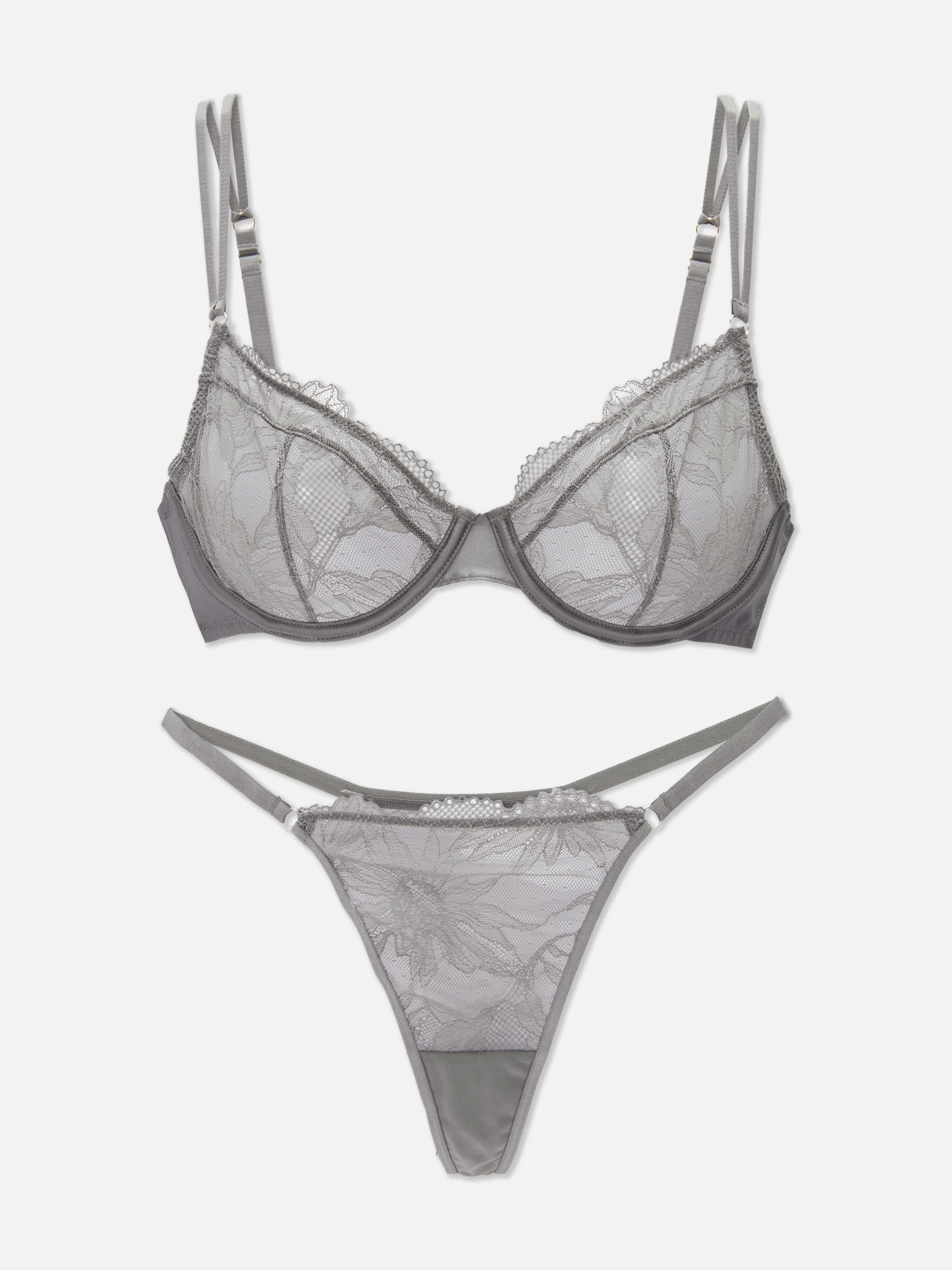 Reggiseno non imbottito e perizoma ricami floreali Antracite