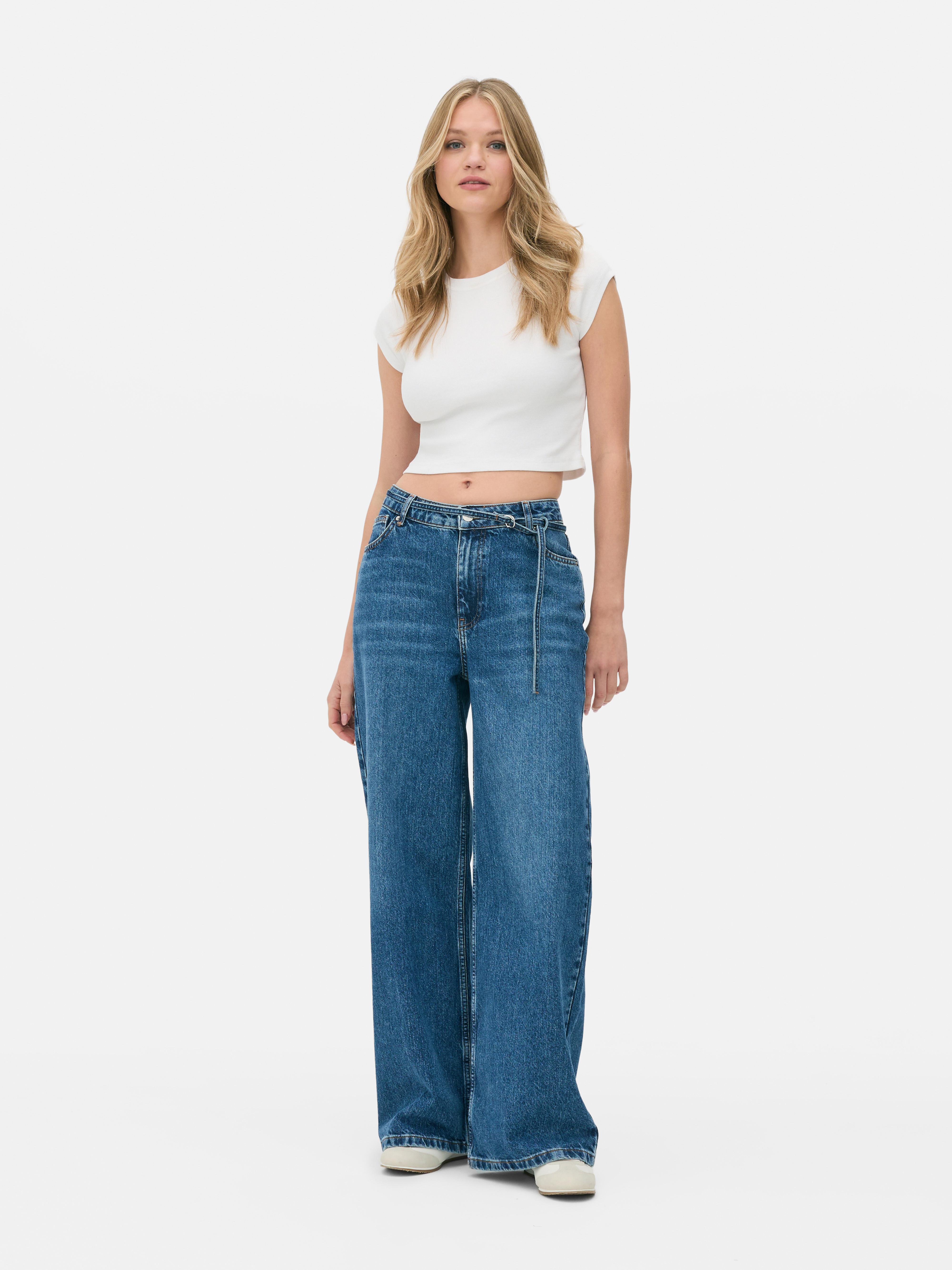 D-Ring Belted Wide Leg Jeans
