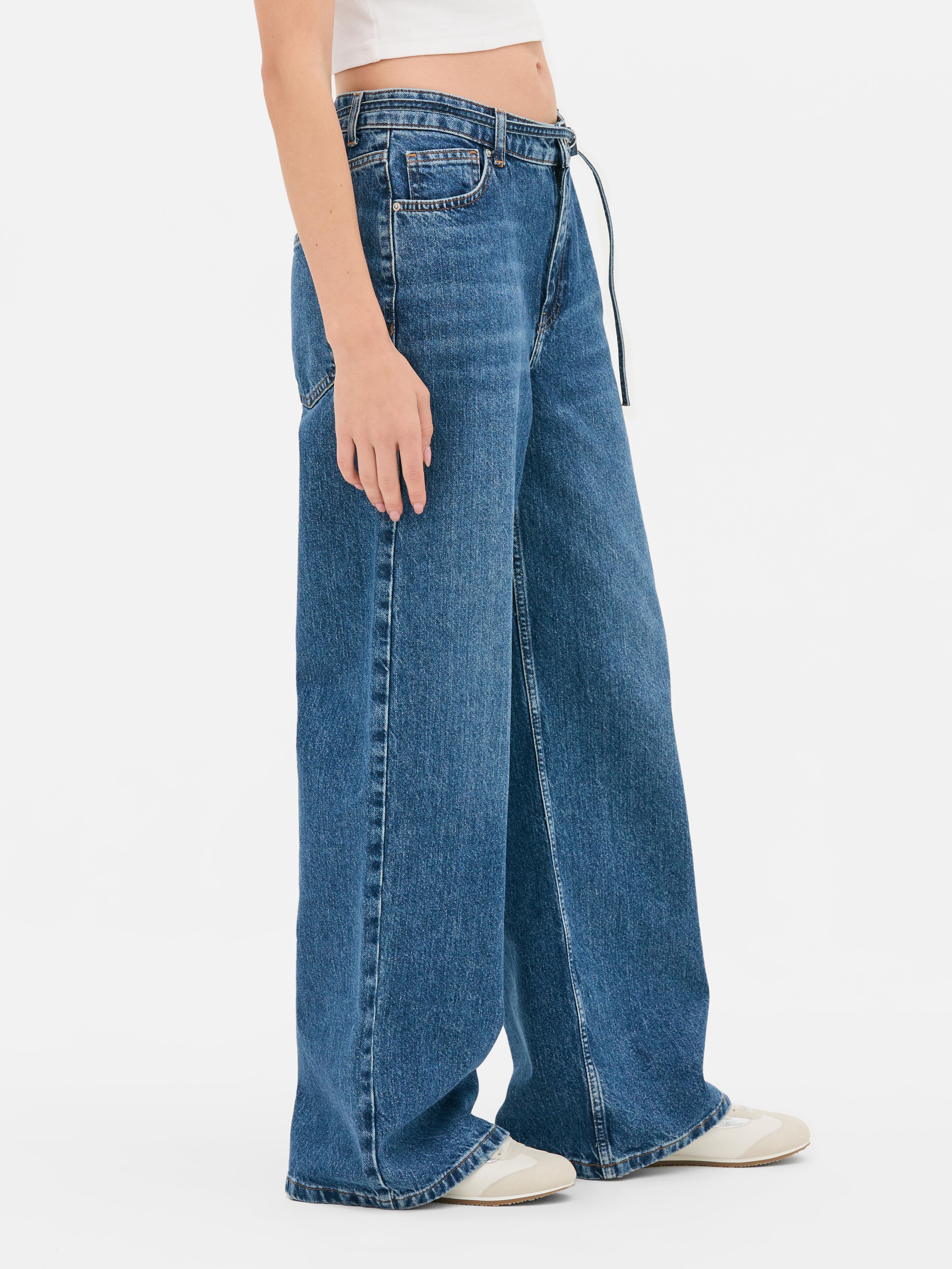 D-Ring Belted Wide Leg Jeans