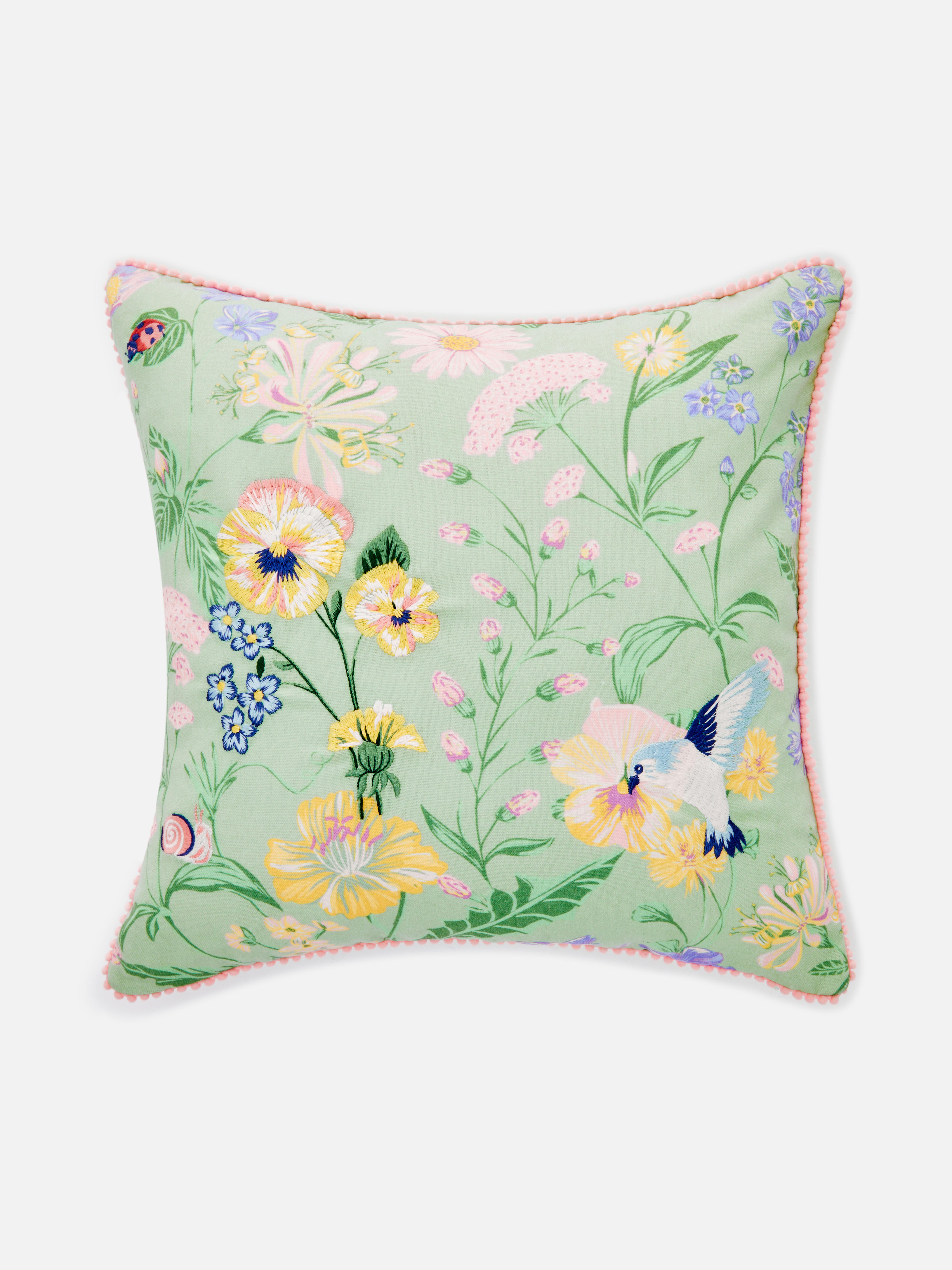 Embroidered Meadow Print Cushion