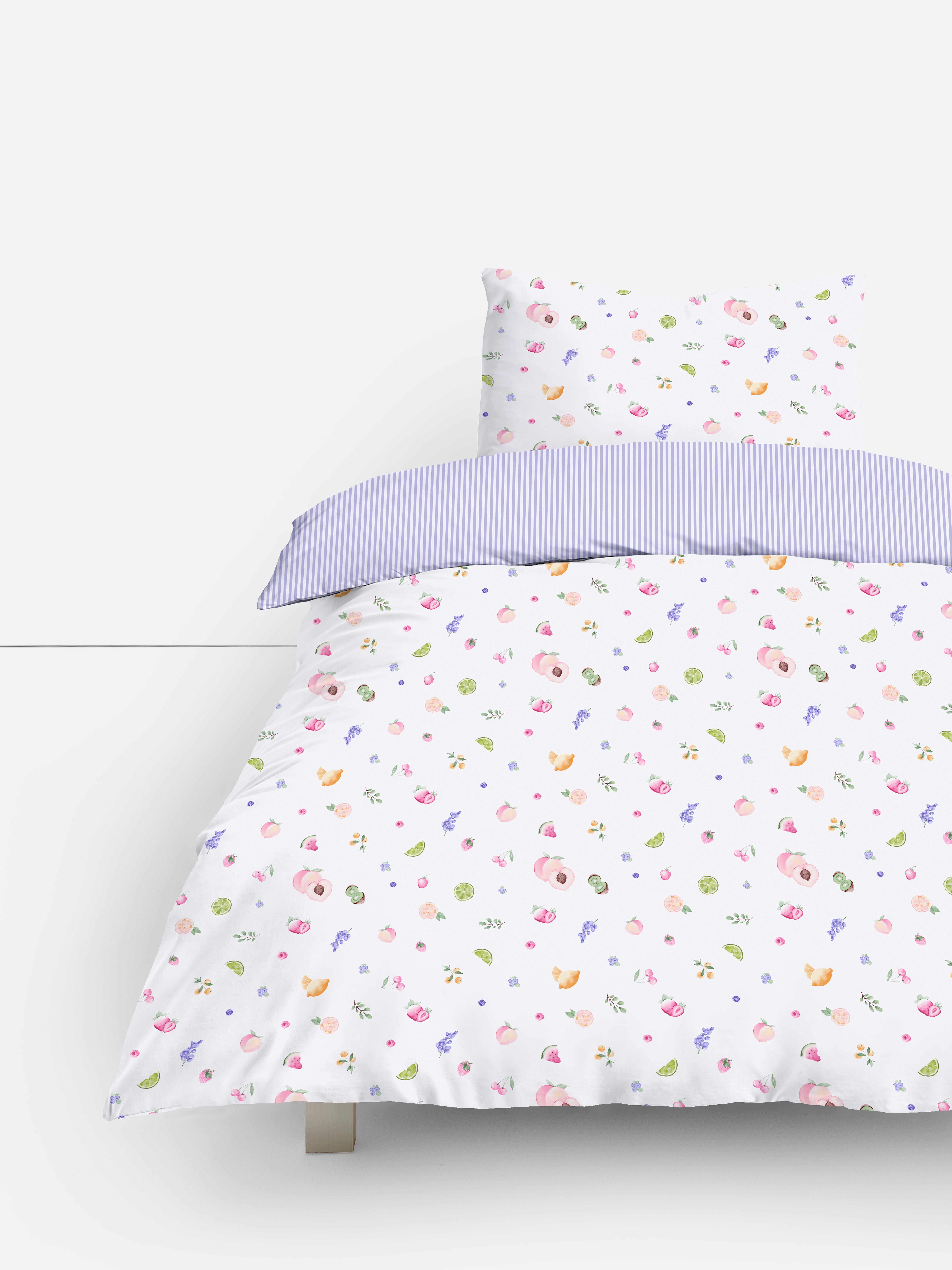Conjunto capa edredão solteiro frutas reversível