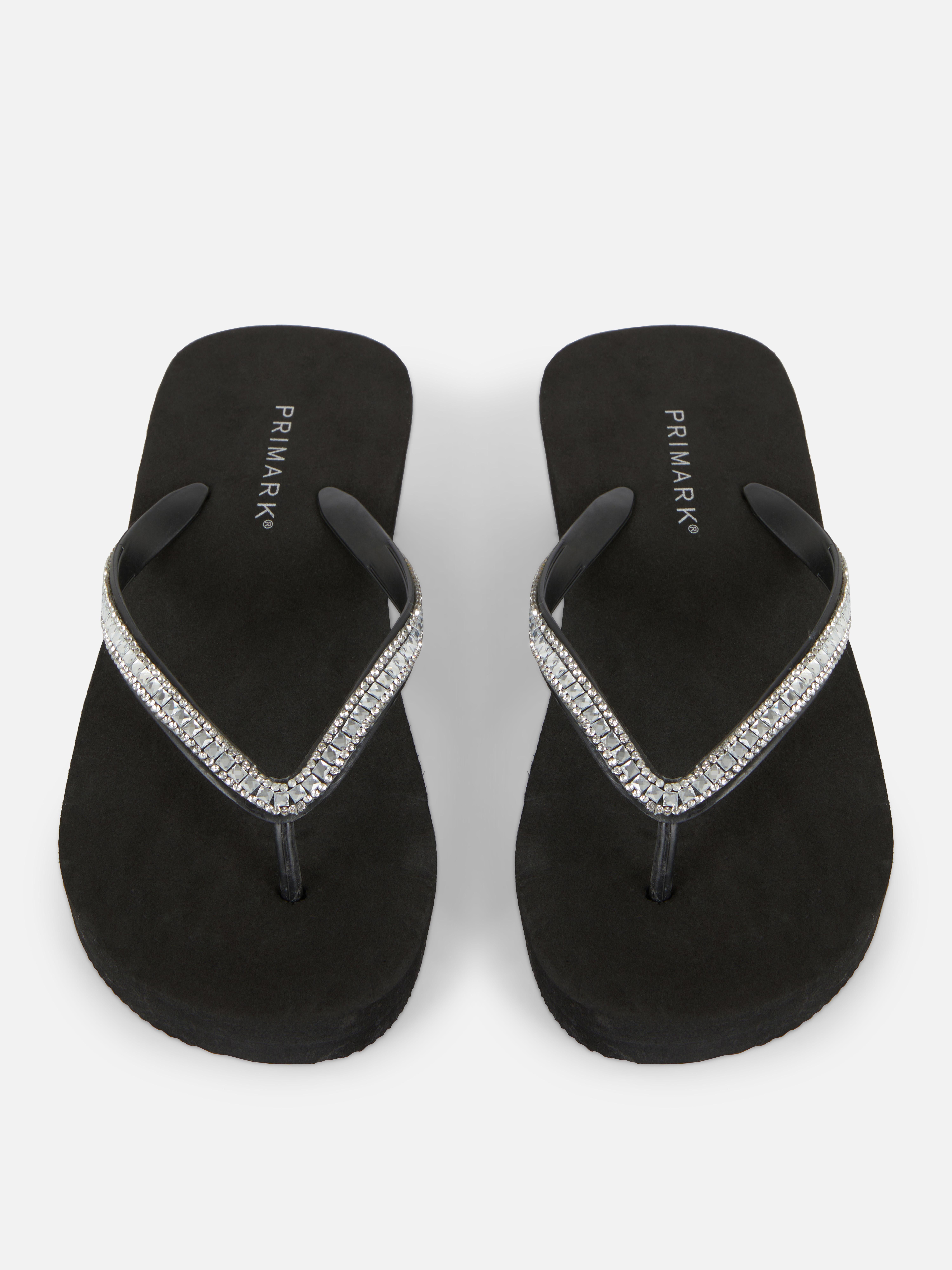 Women's Black Rhinestone Wedge Flip Flops | Primark