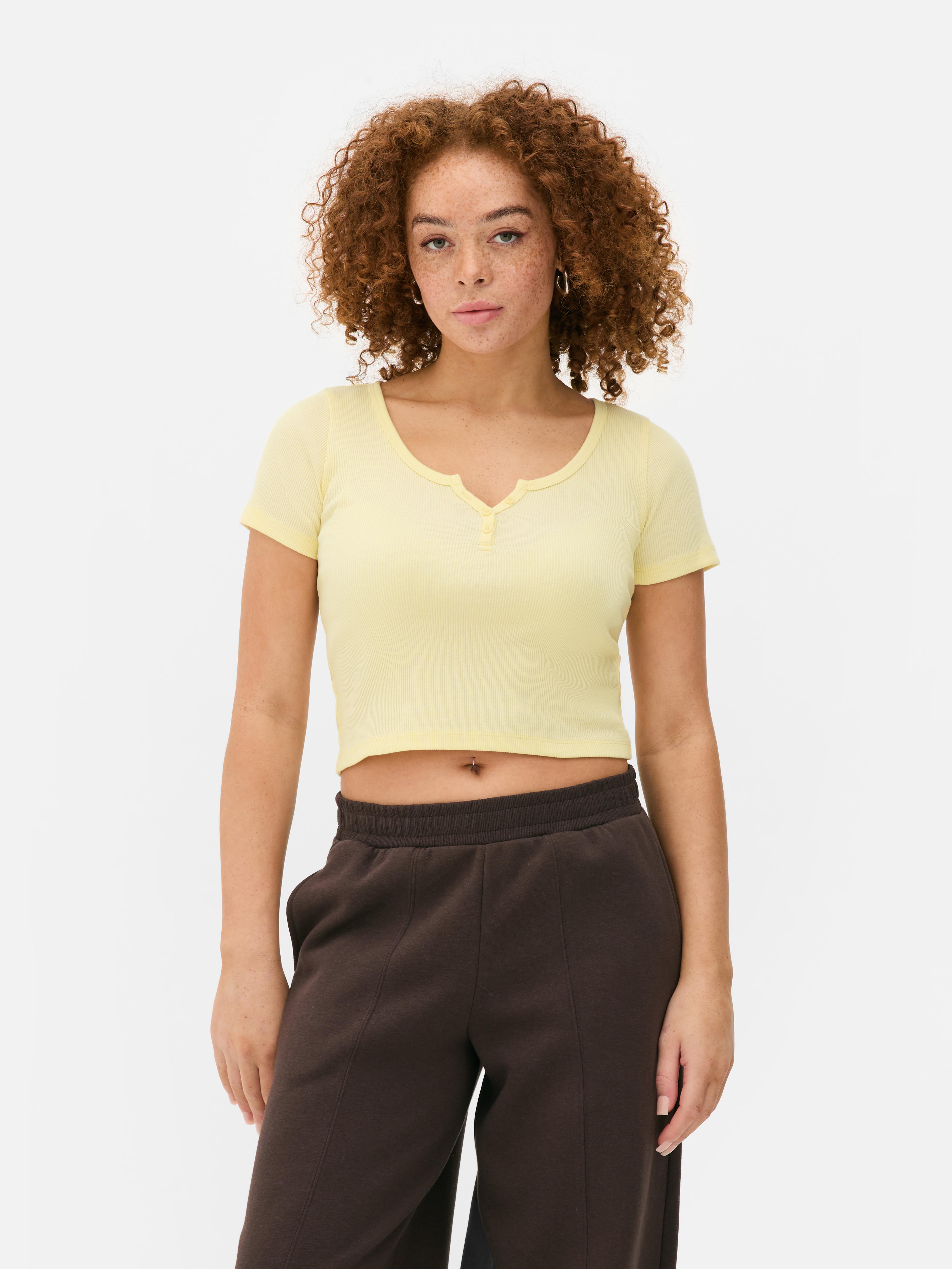 売れ筋商品|||ラッキーブランド Tシャツ トップス レディース Women's Ribbed Henley T-Shirt Cream Stripe Women's Yellow Ribbed Henley T-Shirt | Primark