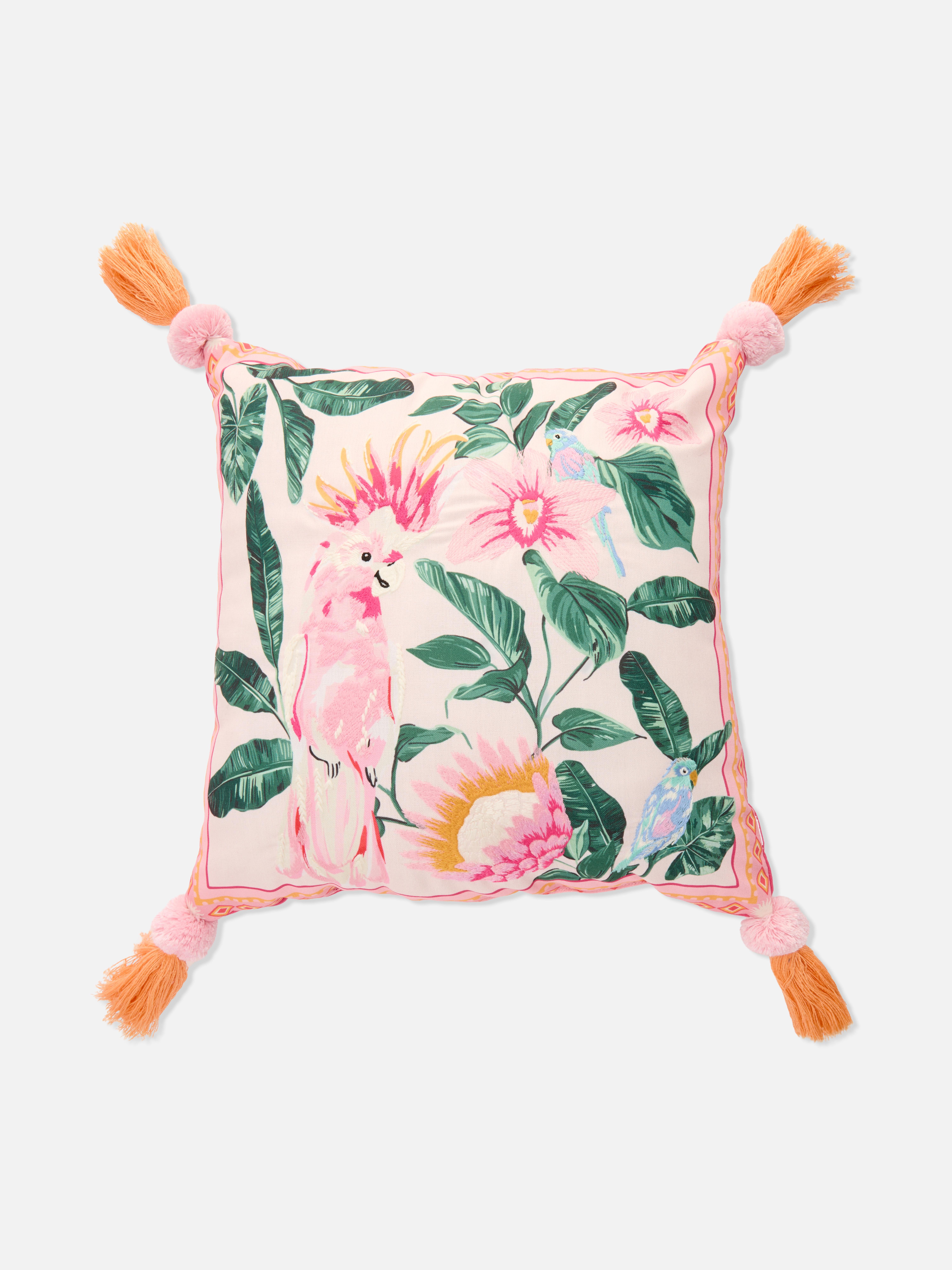 Embossed Tropical Bird Square Cushion