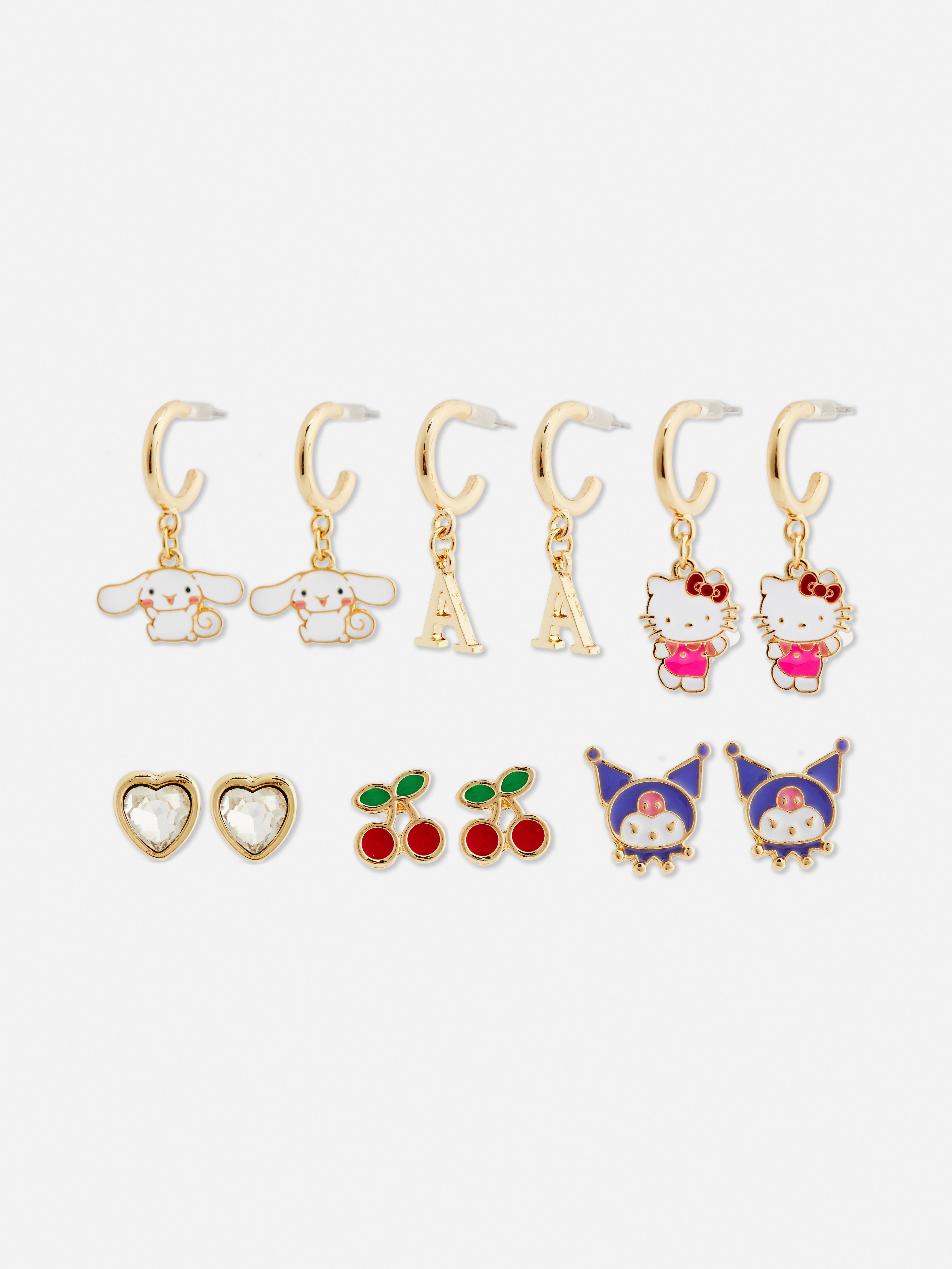 Oorbellen met initiaal en Hello Kitty, set van 6