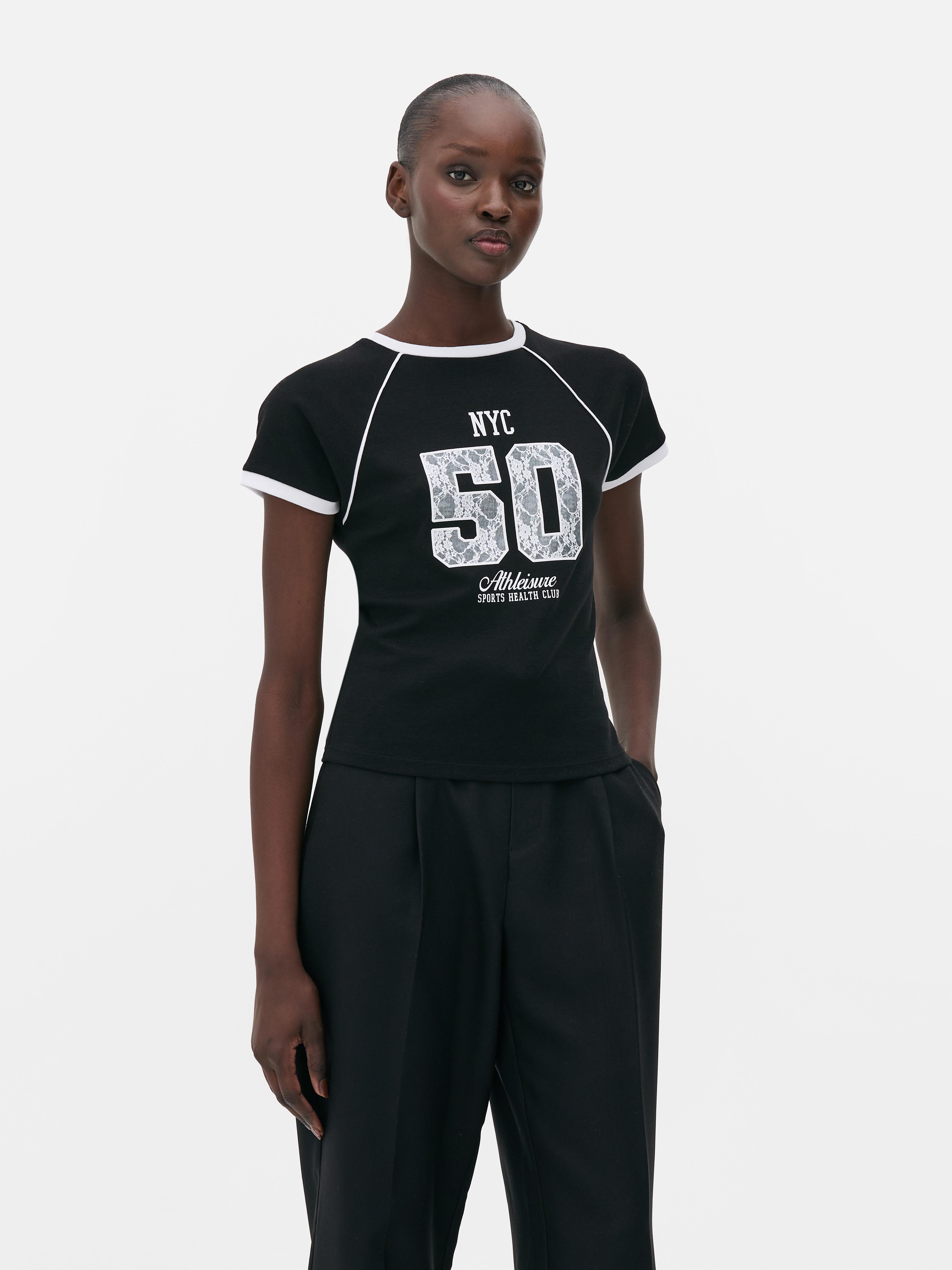 Women's Black Varsity Print Baby Tee | Primark