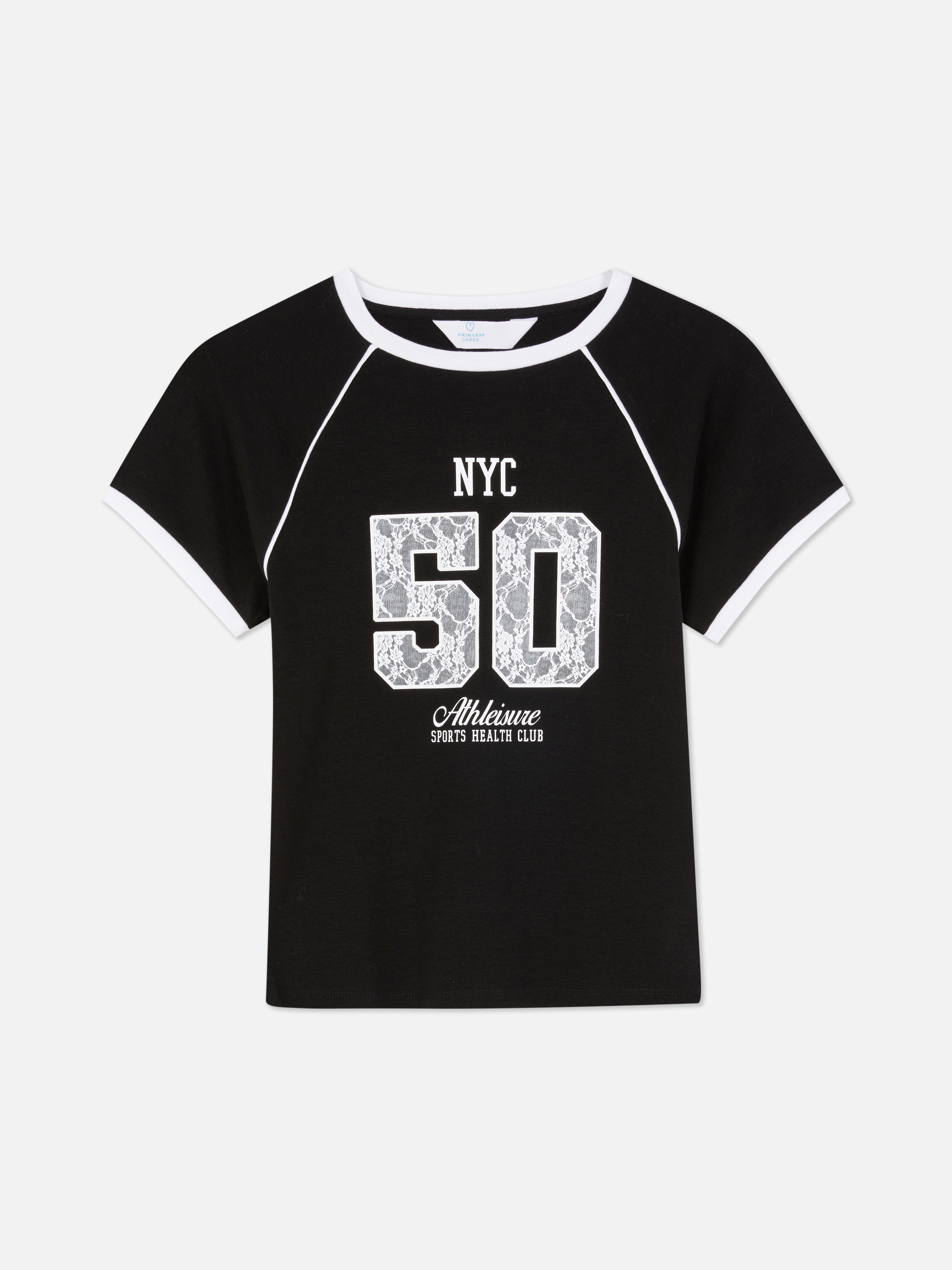 Women's Black Varsity Print Baby Tee | Primark