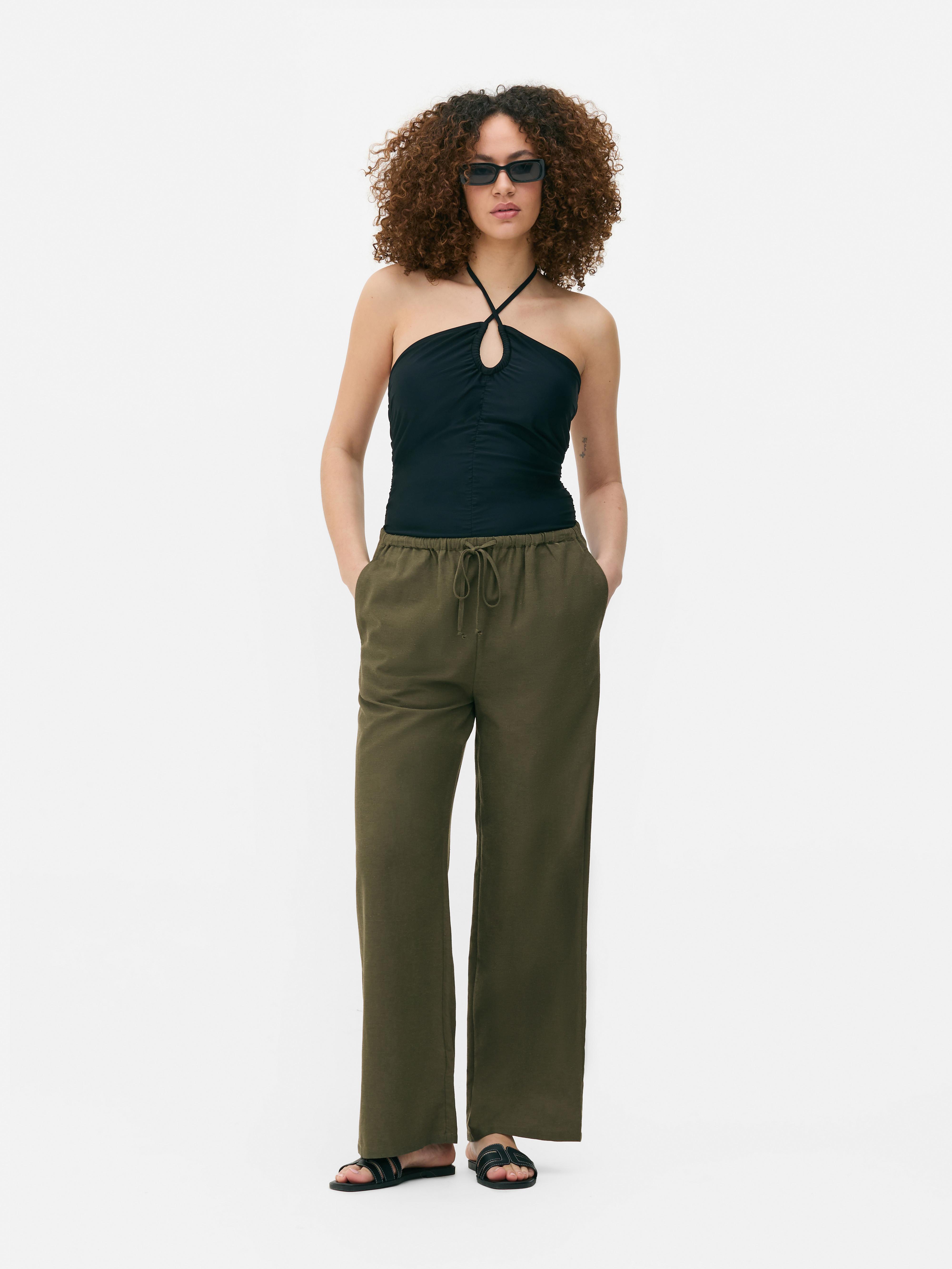 Broek met strikkoord in de taille Kaki