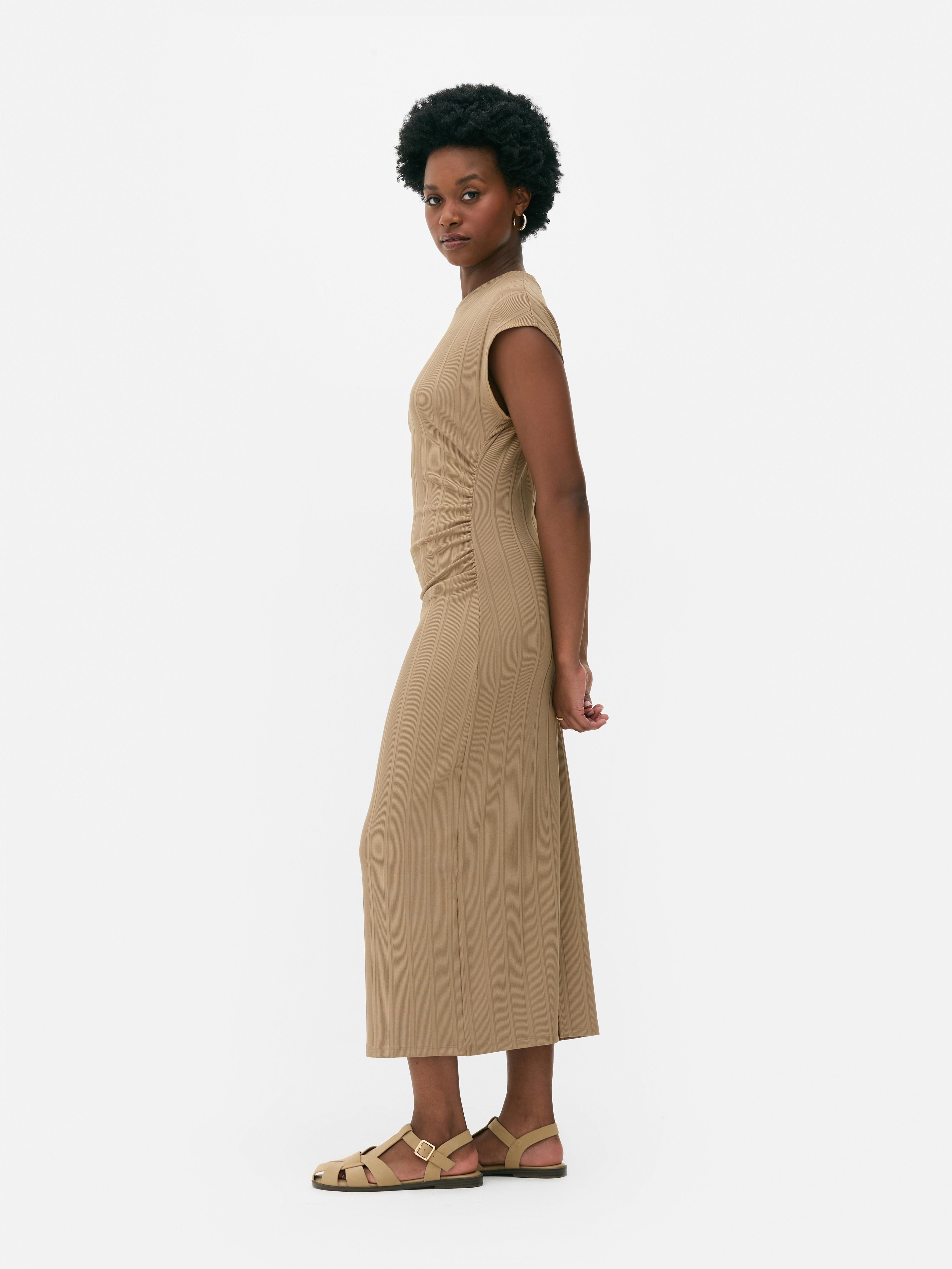 Ruched Ribbed Midi Dress