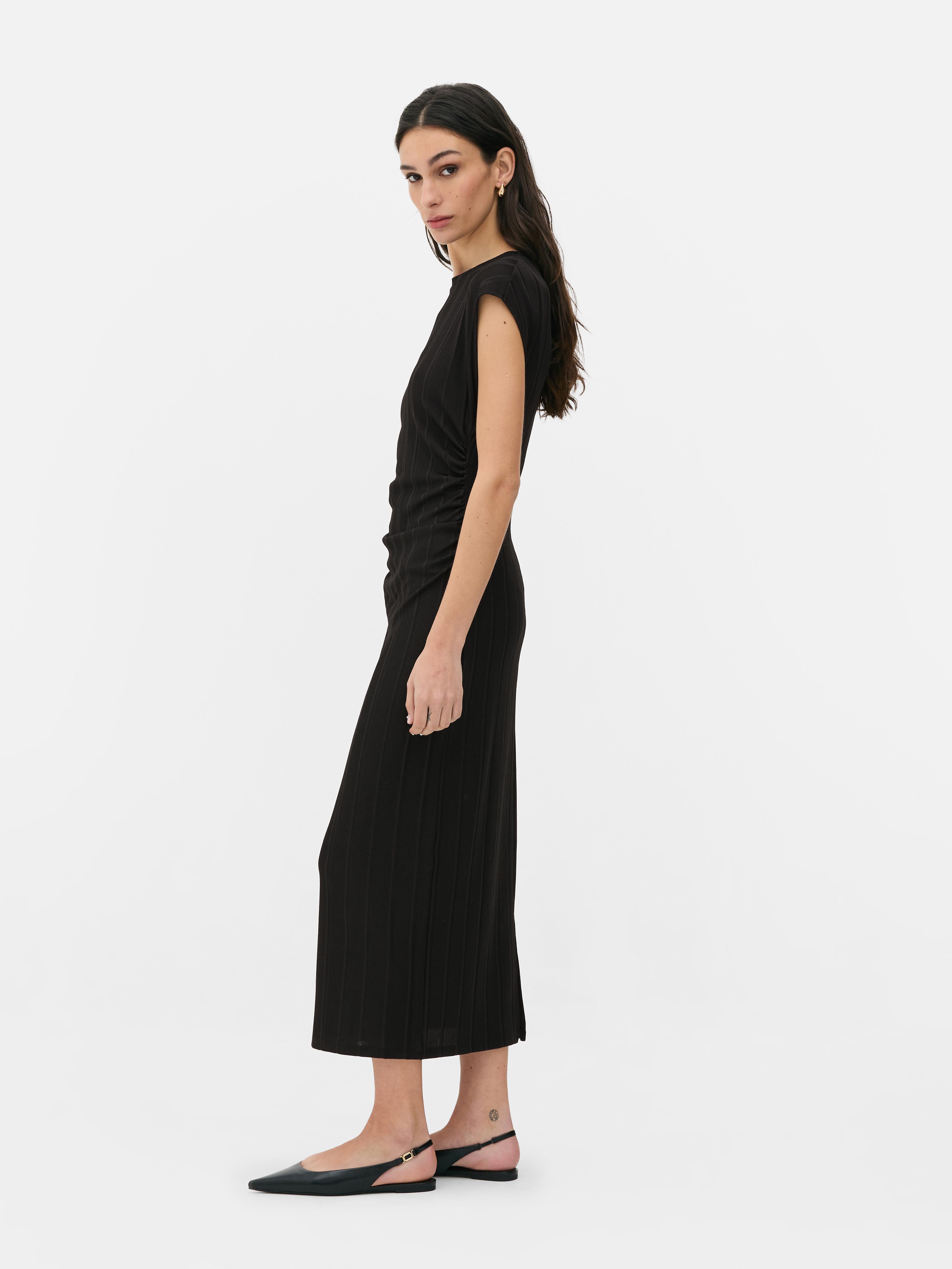 Ruched Ribbed Midi Dress