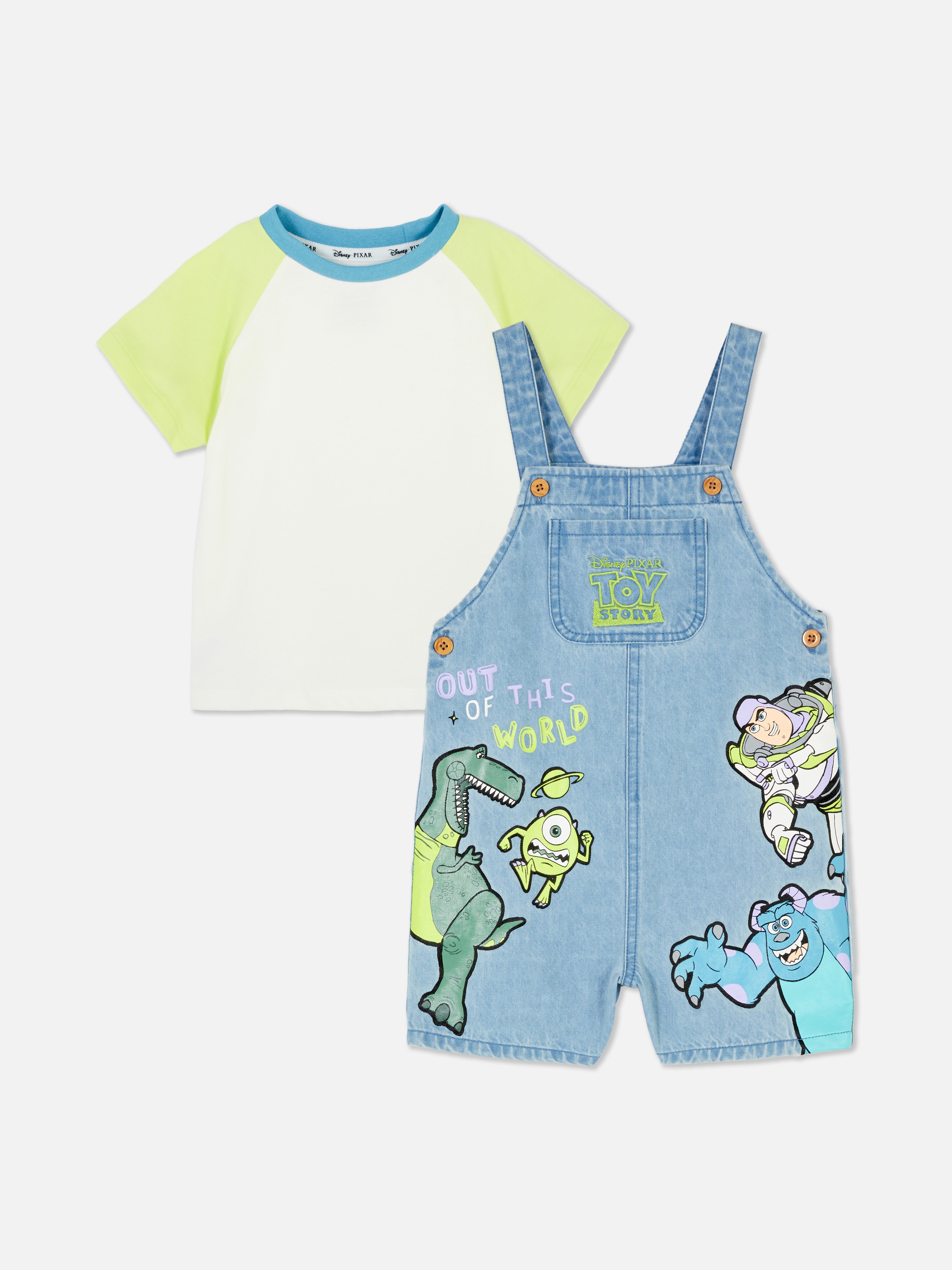Conjunto t-shirt/jardineiras personagens Disney Pixar