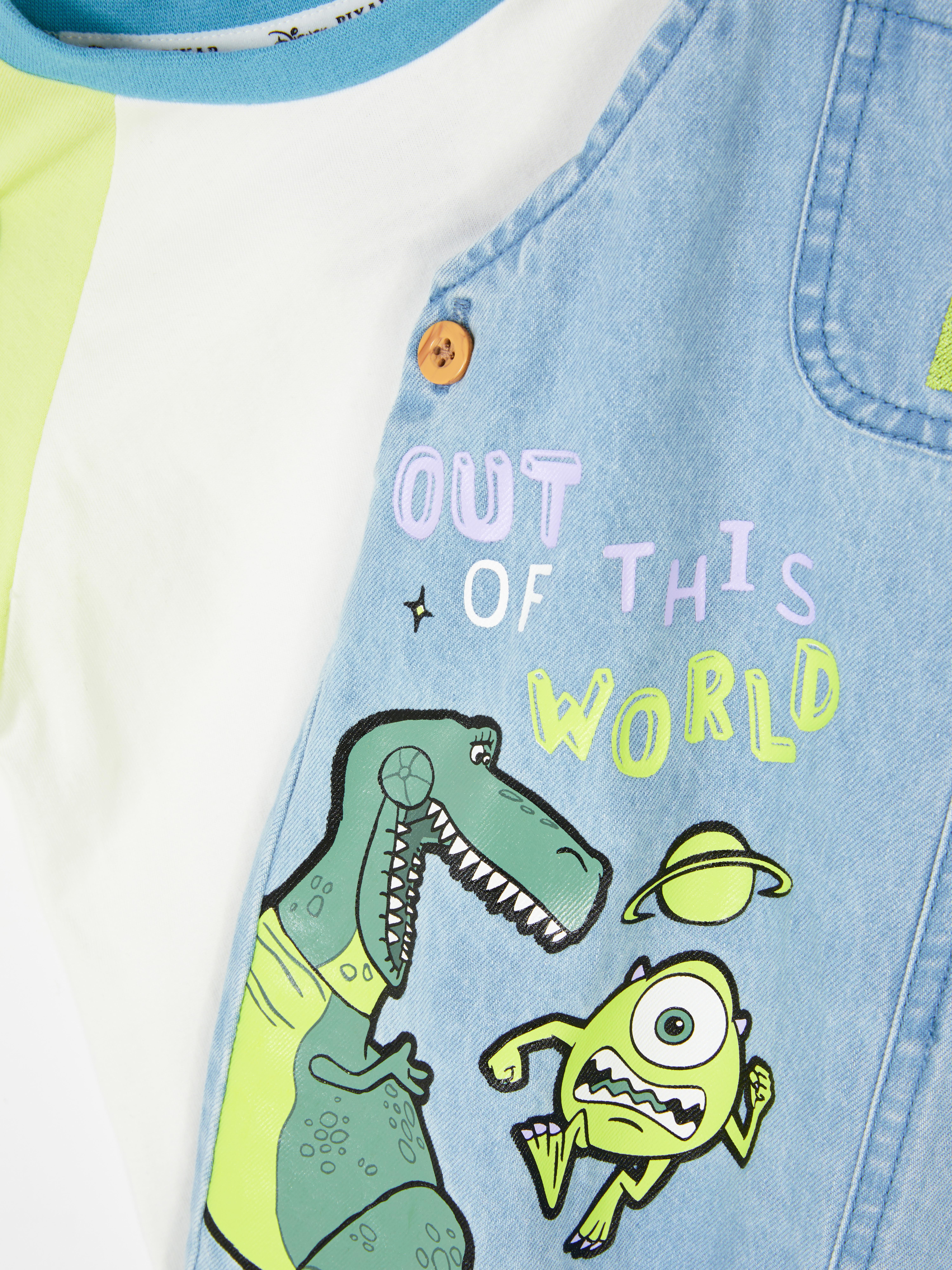 Conjunto t-shirt/jardineiras personagens Disney Pixar