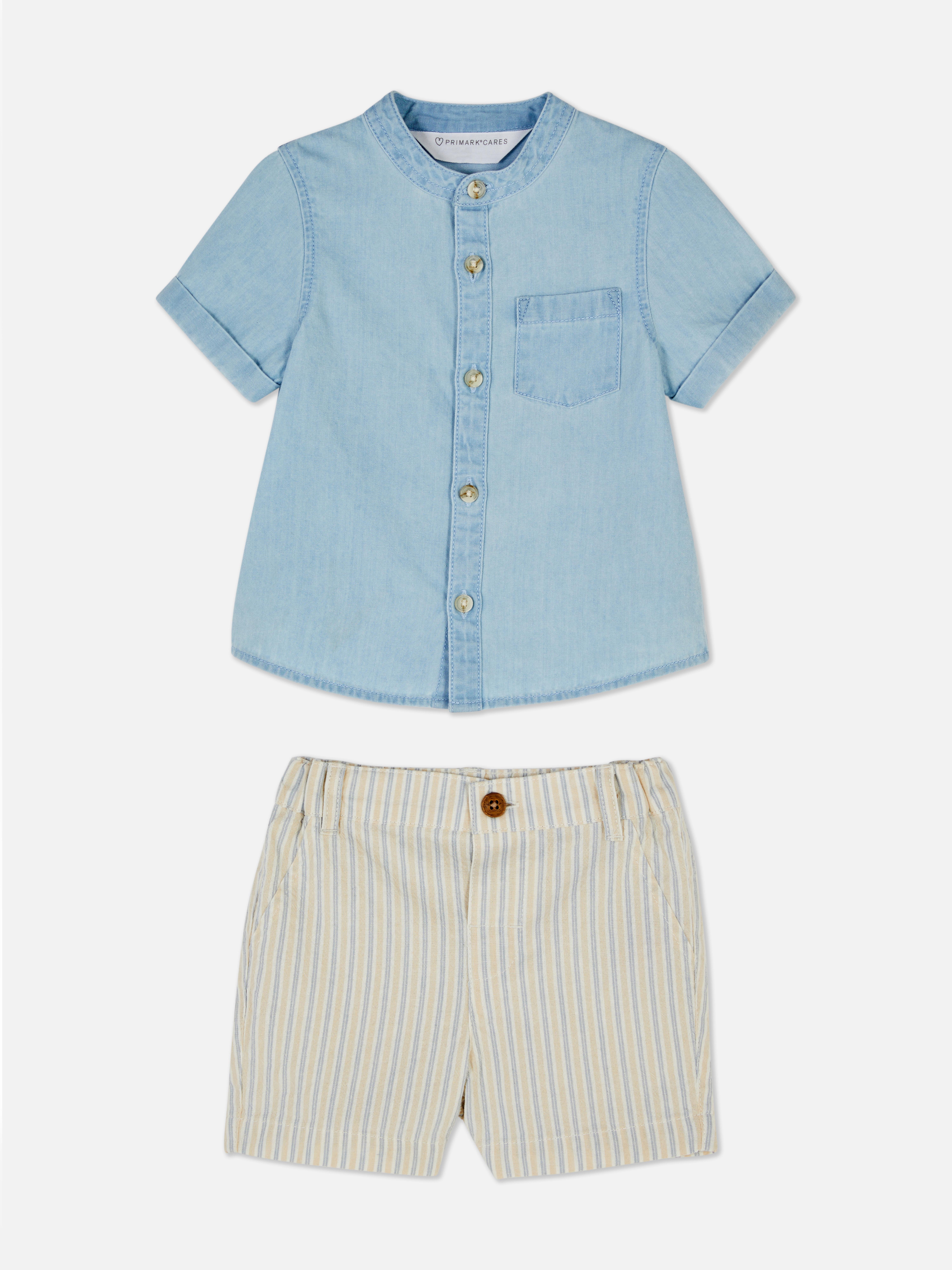 Chambray Shirt and Striped Shorts Set