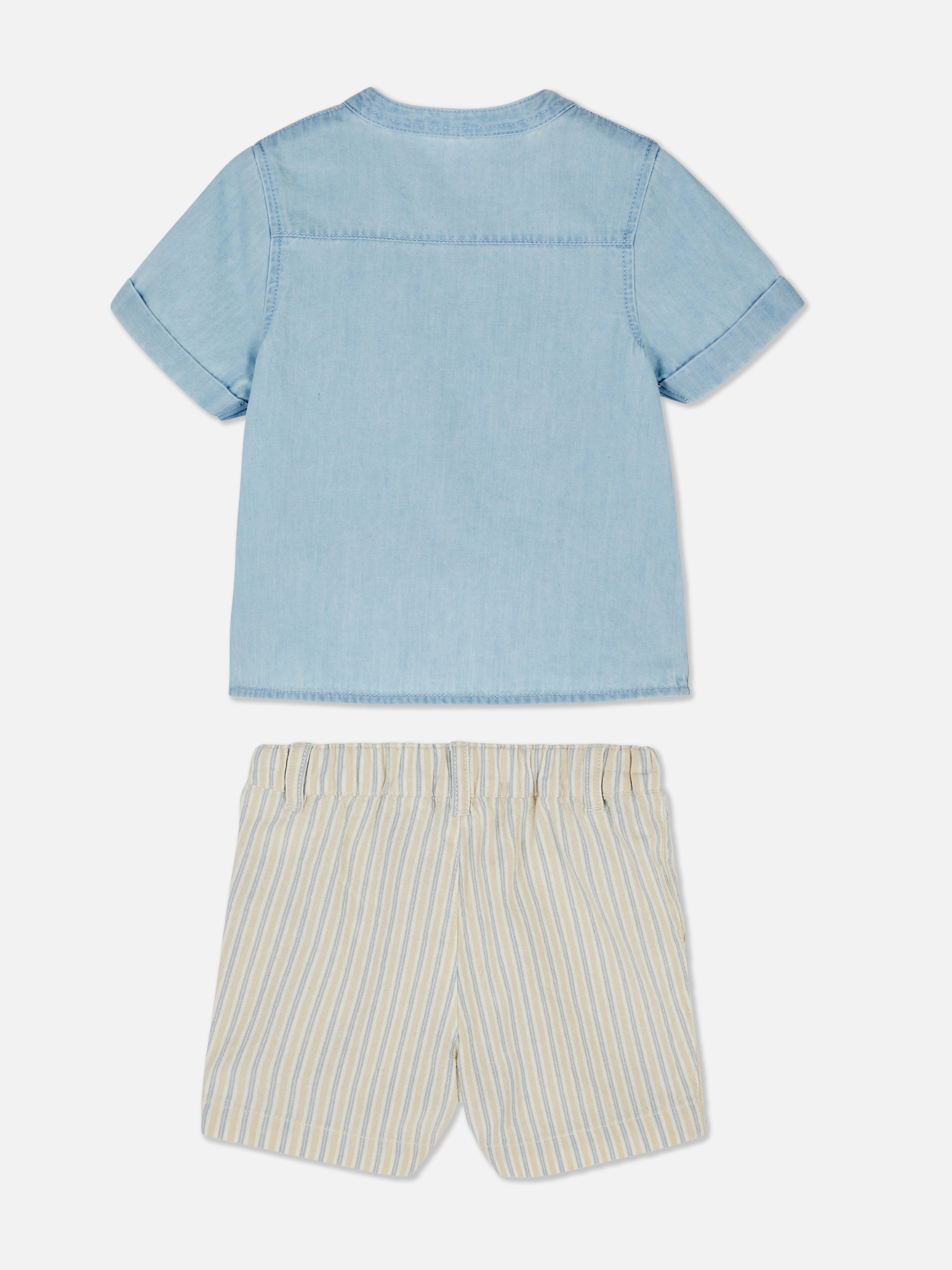 Chambray Shirt and Striped Shorts Set