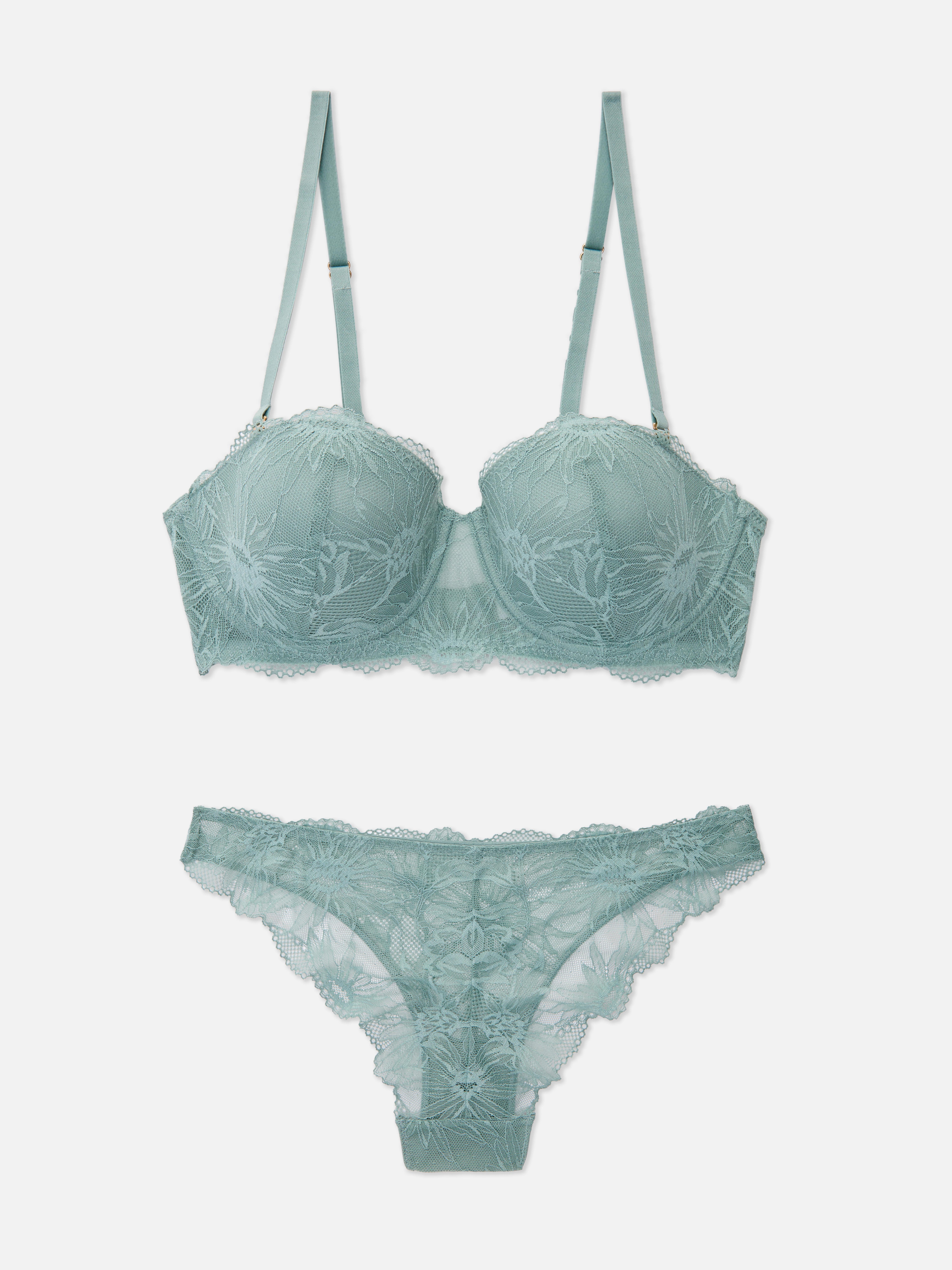 Kanten lingerieset met balconette-beha met vulling Groen