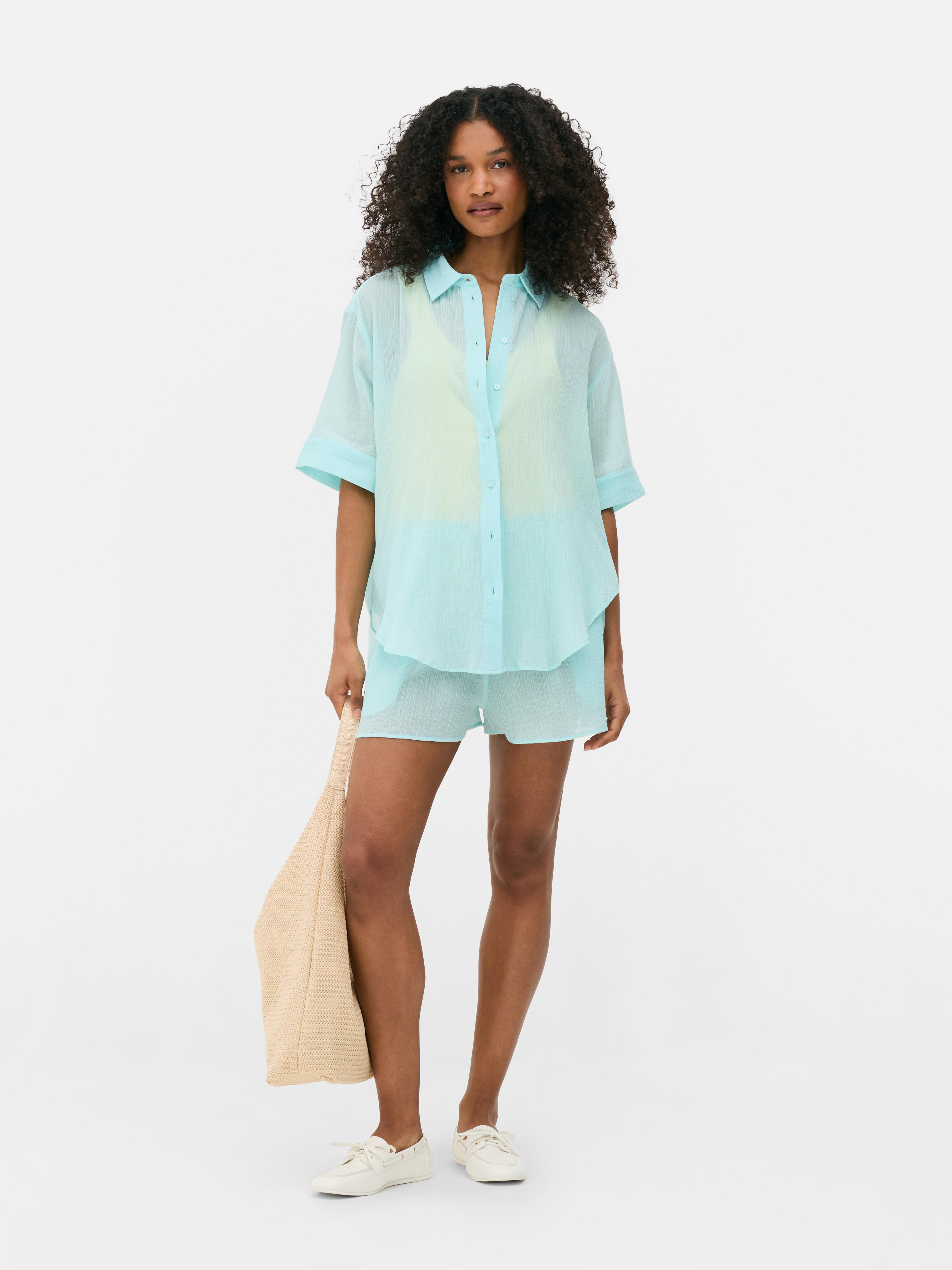 Strand-Shirt in Knitteroptik mit Knopfleiste