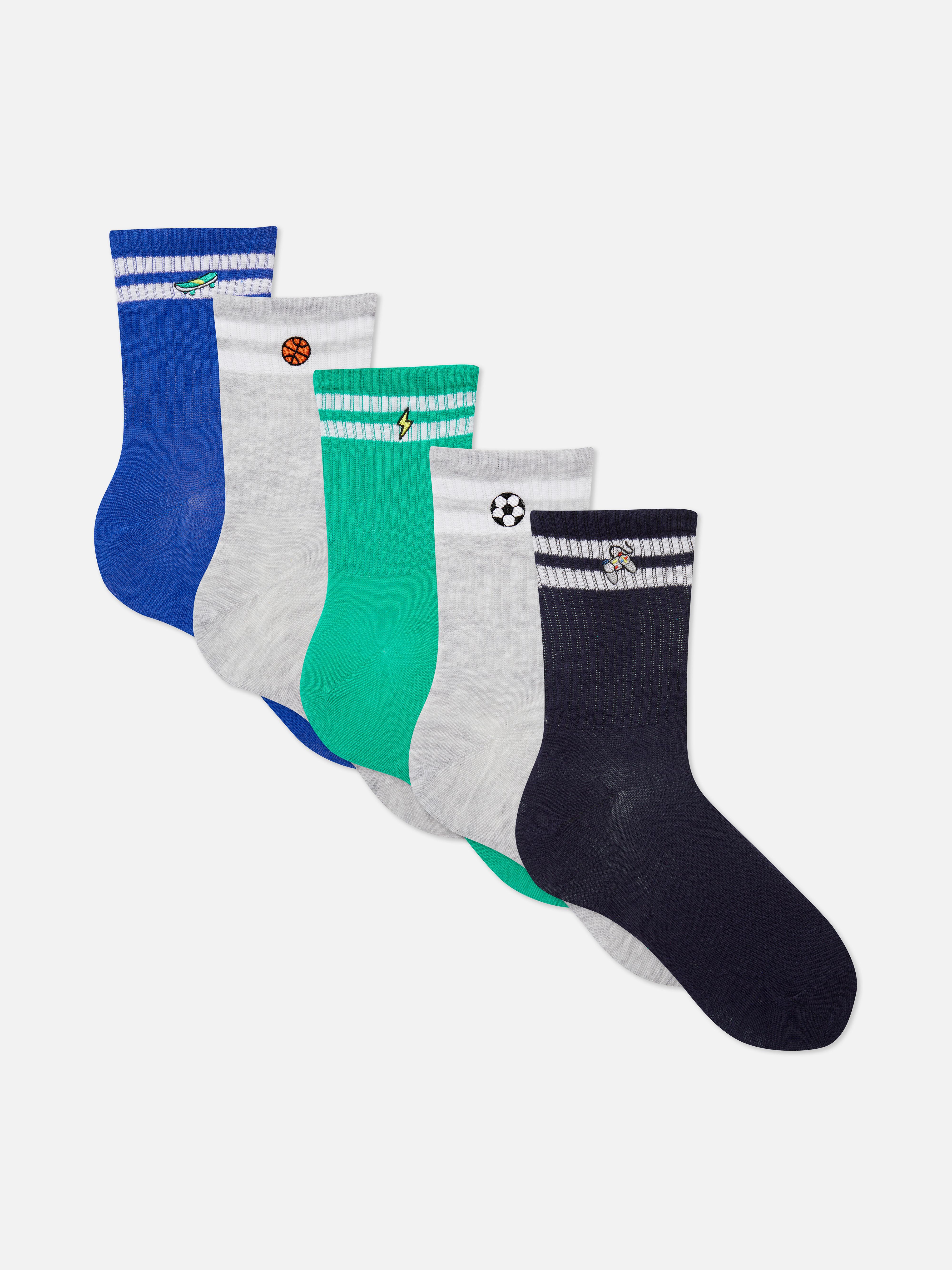 Gerippte Sportsocken mit Stickerei, 5er-Pack