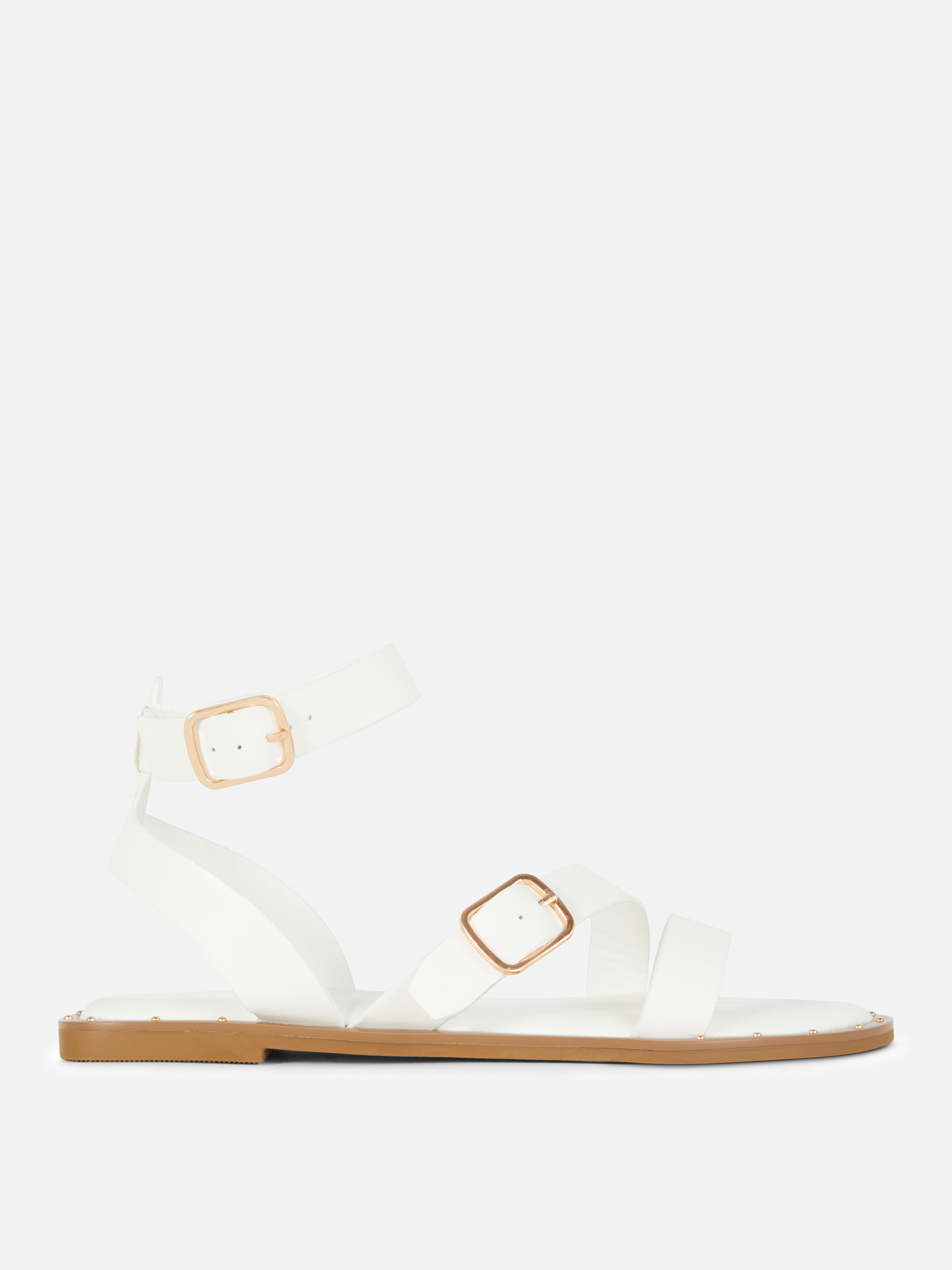Faux Leather Asymmetric Stud Sandals White