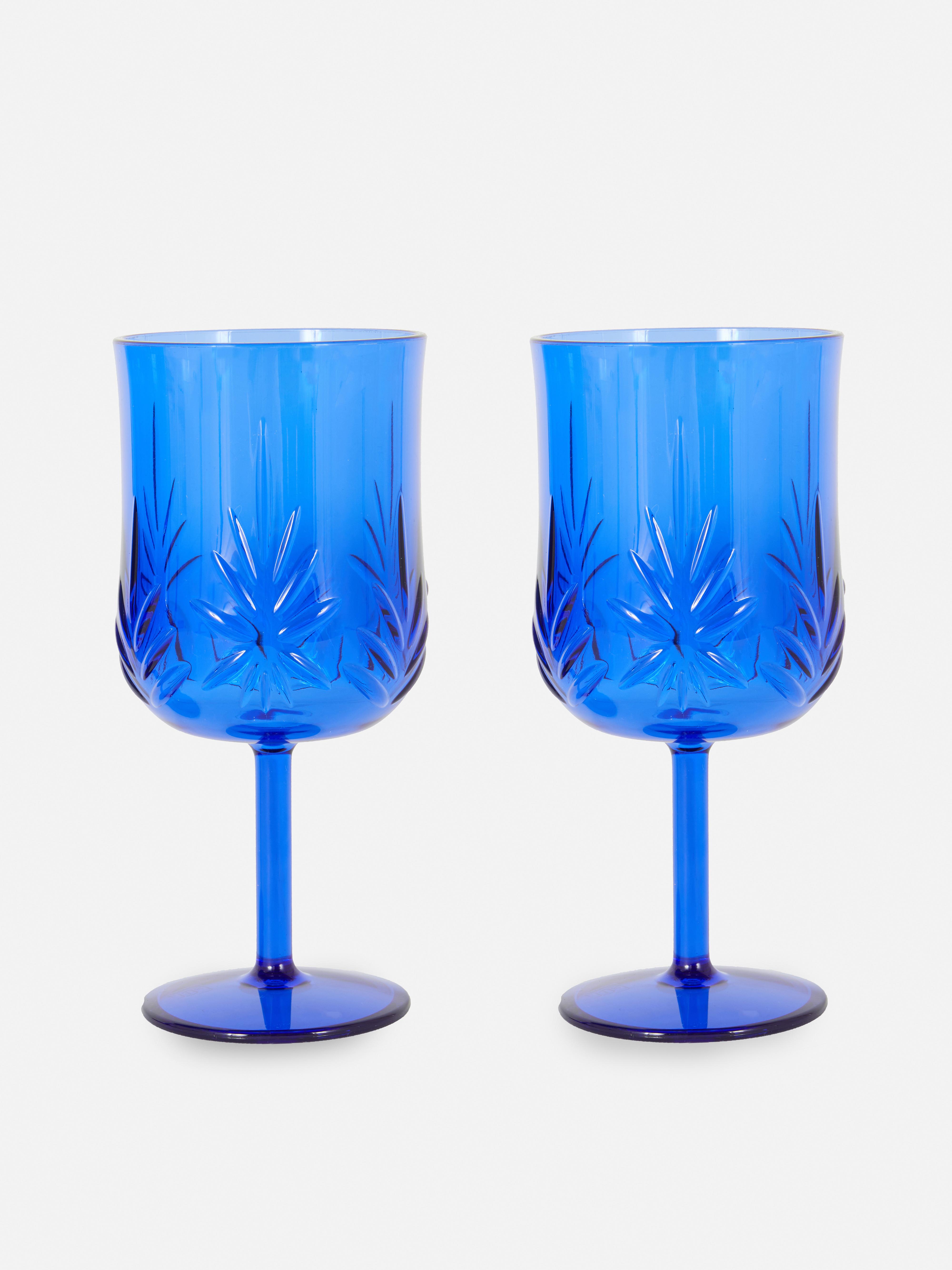 2pk Embossed Plastic Wine Glasses Blue